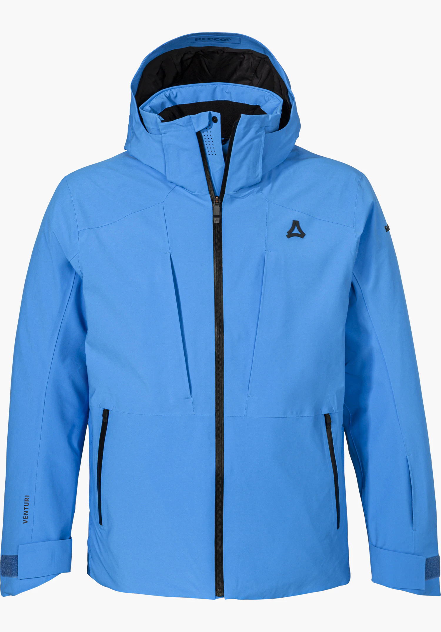Jacket Style Pontre MEN hybrid insulator in blue, shown from the front with a hood, black front zipper and Schöffel logo, isolated on a white background.