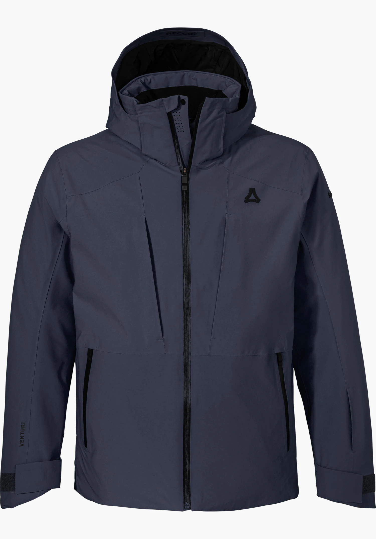 Jacket Style Pontre MEN hybrid insulator in blue, shown from the front with a hood and Schöffel logo, isolated on a white background.