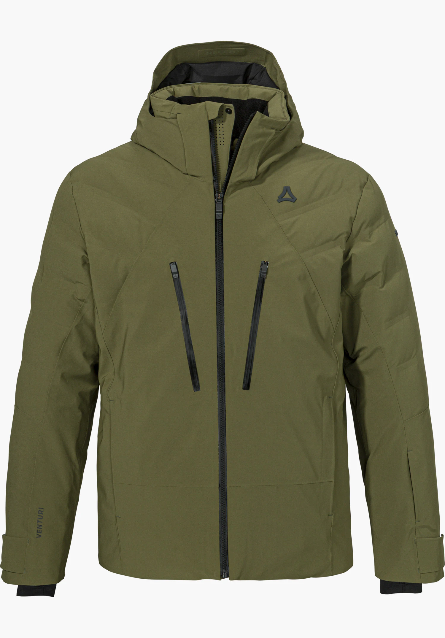 Jacket Style Radiana MEN ski jacket in green, shown from the front with a hood, front zipper and Schöffel logo, isolated on a white background.