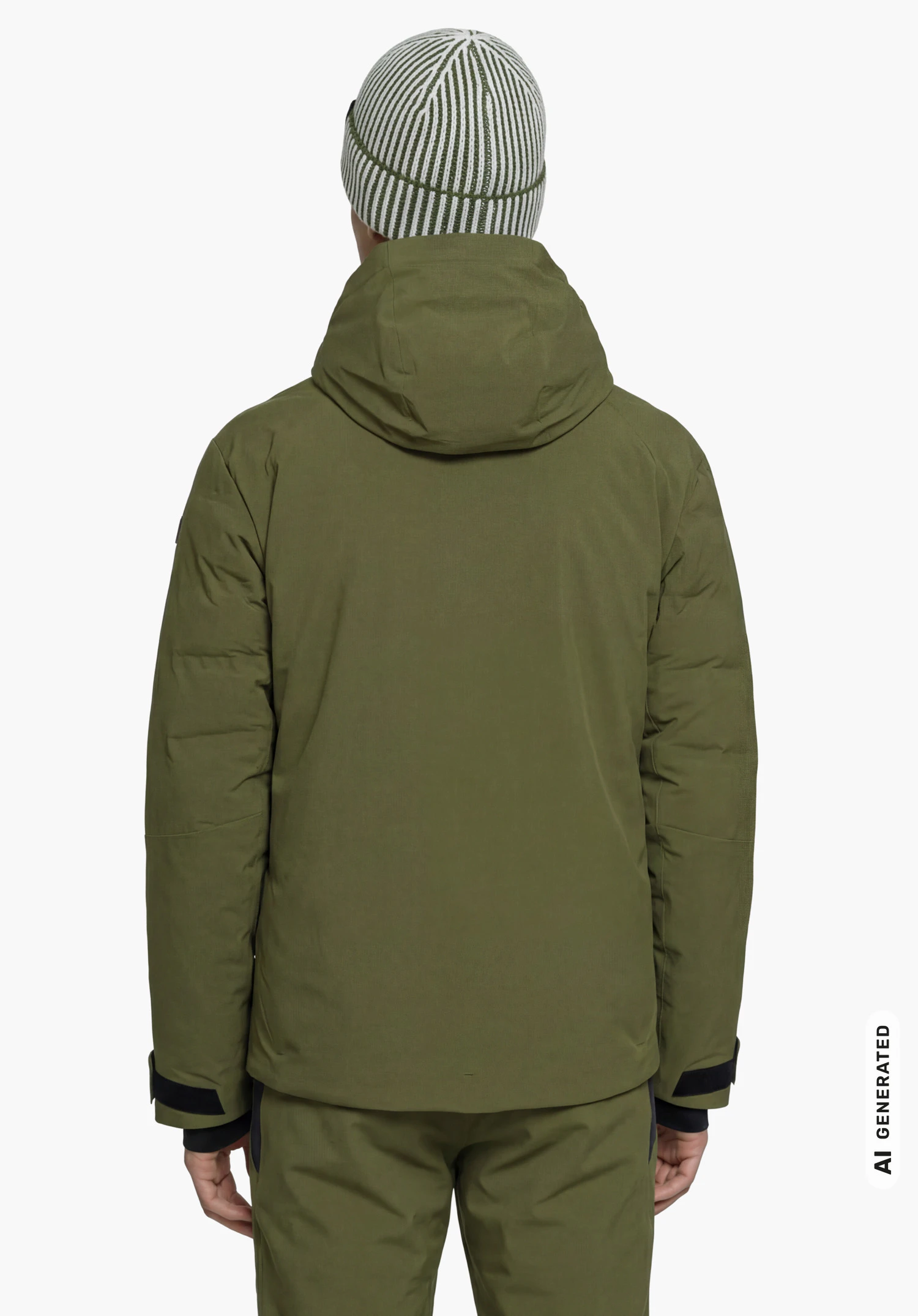 Jacket Style Radiana MEN in green, worn by a male model shown from the back with hood against a white background. (AI-generated)