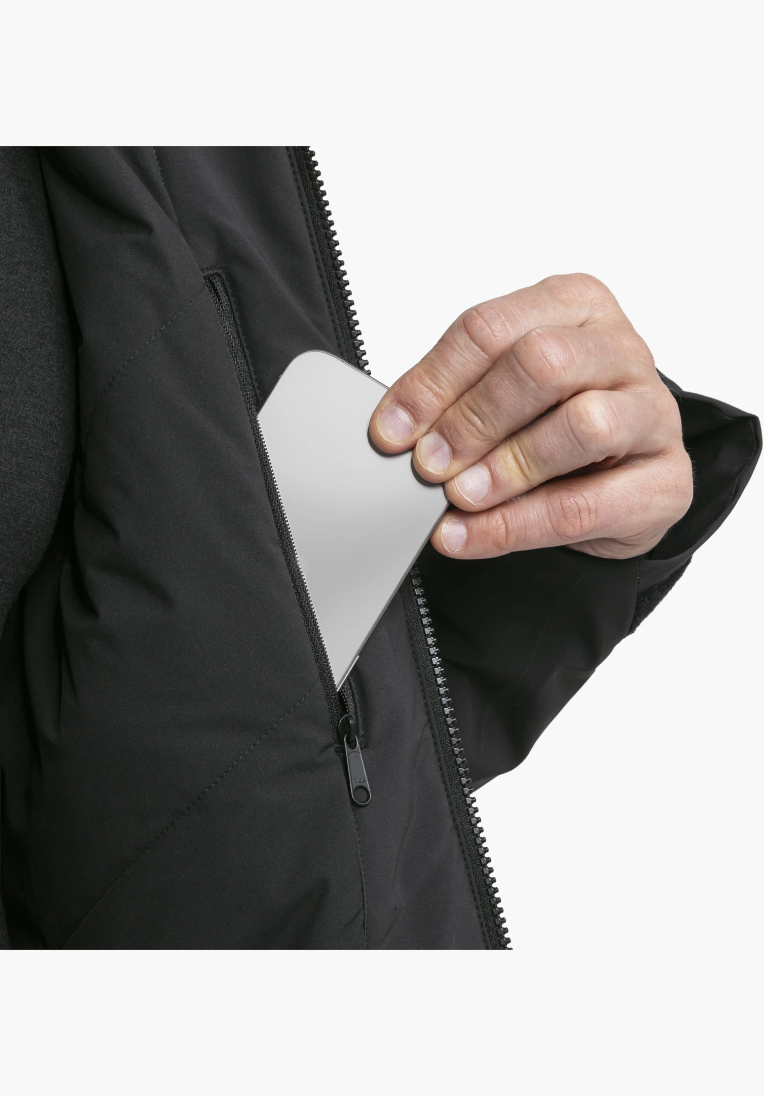 Jacket Style Radiana MEN in black showing a model's hand pulling a smartphone out of the zipped chest pocket, detailed close-up against a white background.