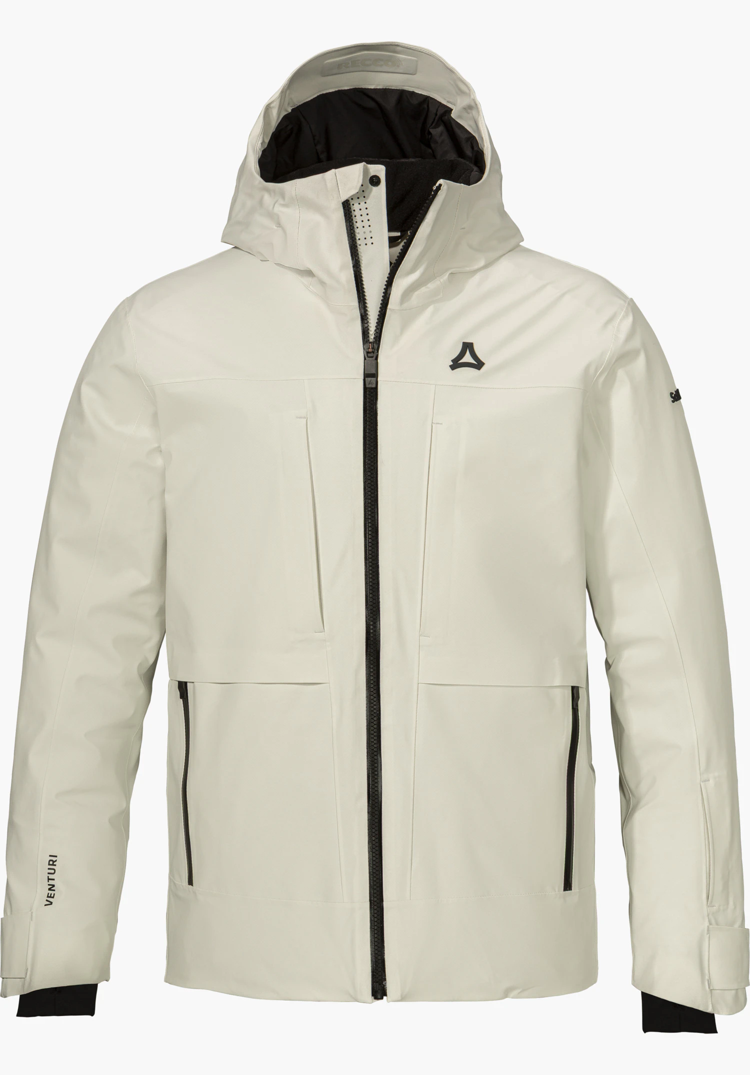 Jacket Style Lumineo MEN ski jacket in natural colour with a hood, front zipper and black Schöffel logo, shown from the front and isolated on a white background.