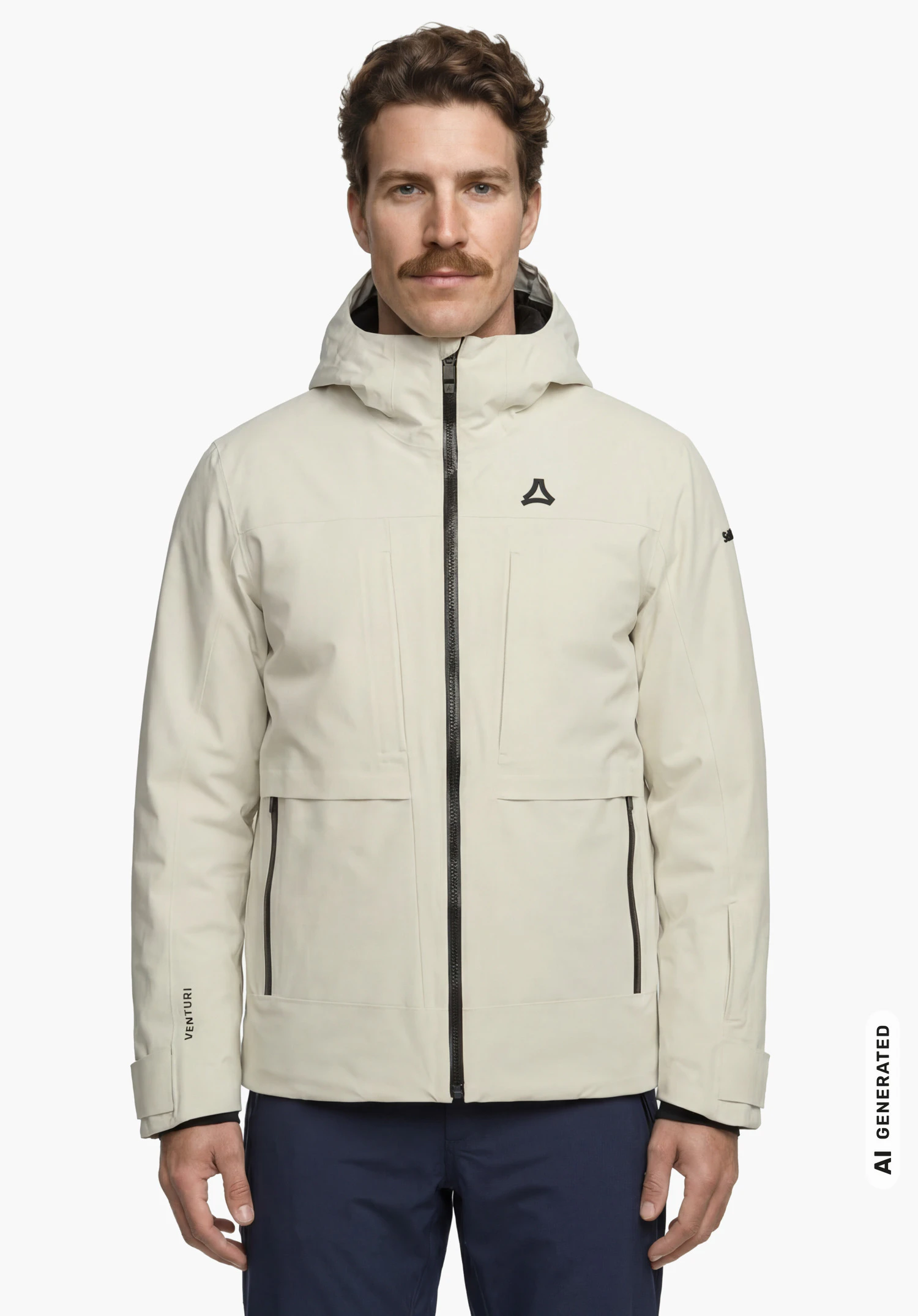 Jacket Style Lumineo MEN in natural colour with Schöffel logo, worn by a male model standing upright and shown from the front with arms hanging down against a white background. (AI-generated)