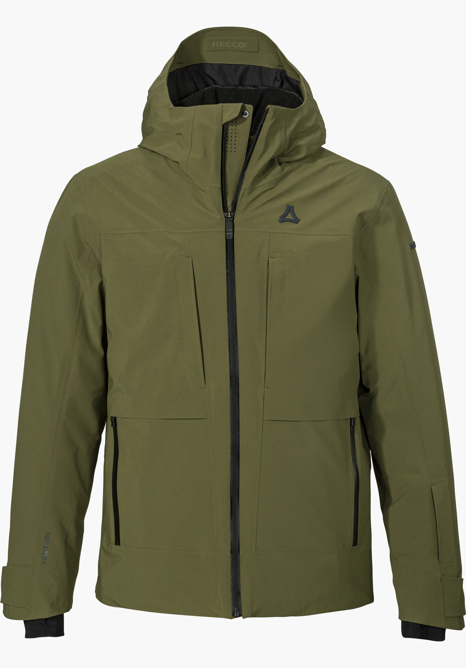 Jacket Style Lumineo MEN ski jacket in green with a hood, front zipper and black Schöffel logo, shown from the front and isolated on a white background.