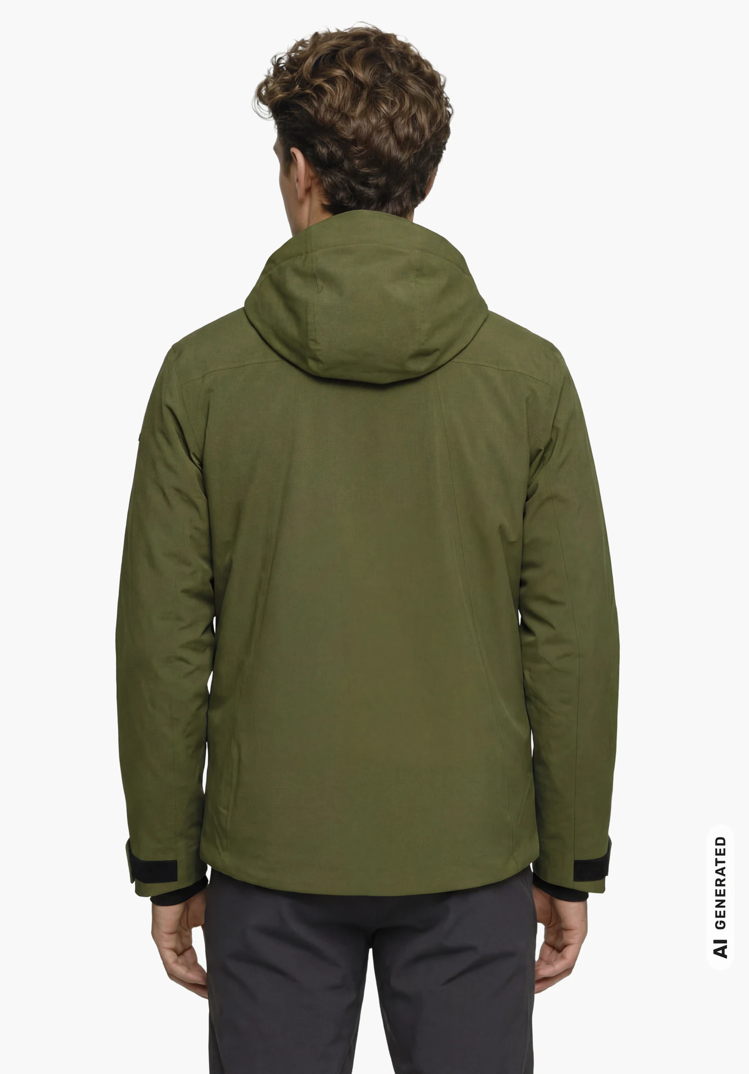 Jacket Style Lumineo MEN in green, worn by a male model standing upright and shown from the back with the hood up against a white background. (AI-generated)