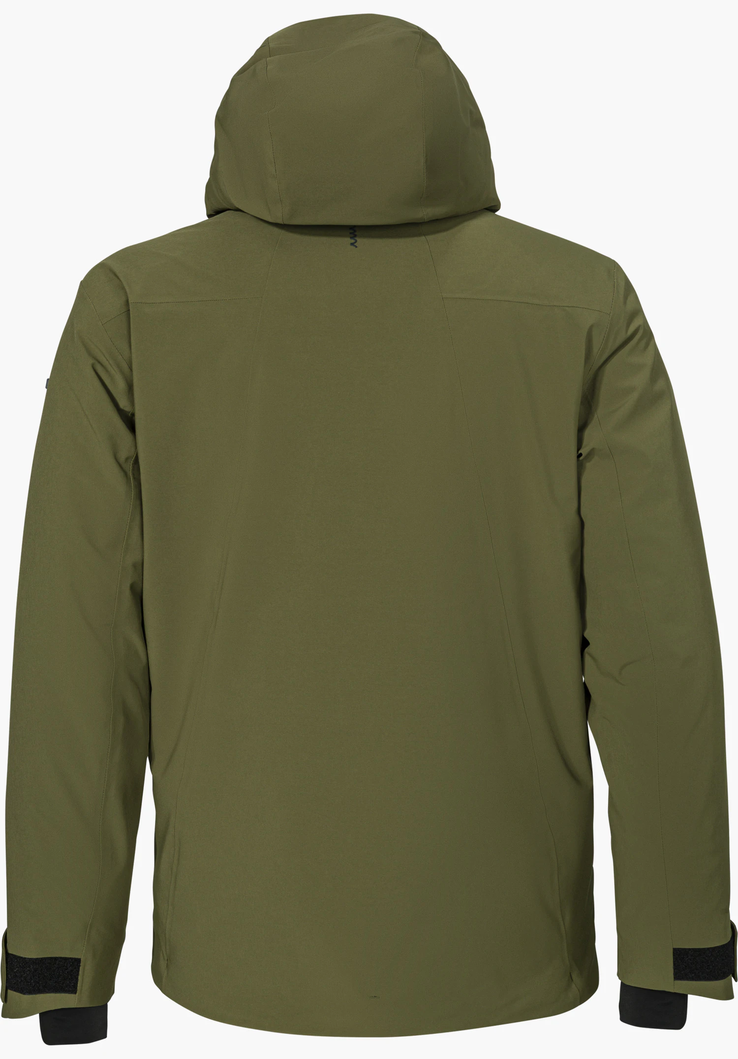 Jacket Style Lumineo MEN ski jacket in green, shown from the back with a hood and isolated on a white background.
