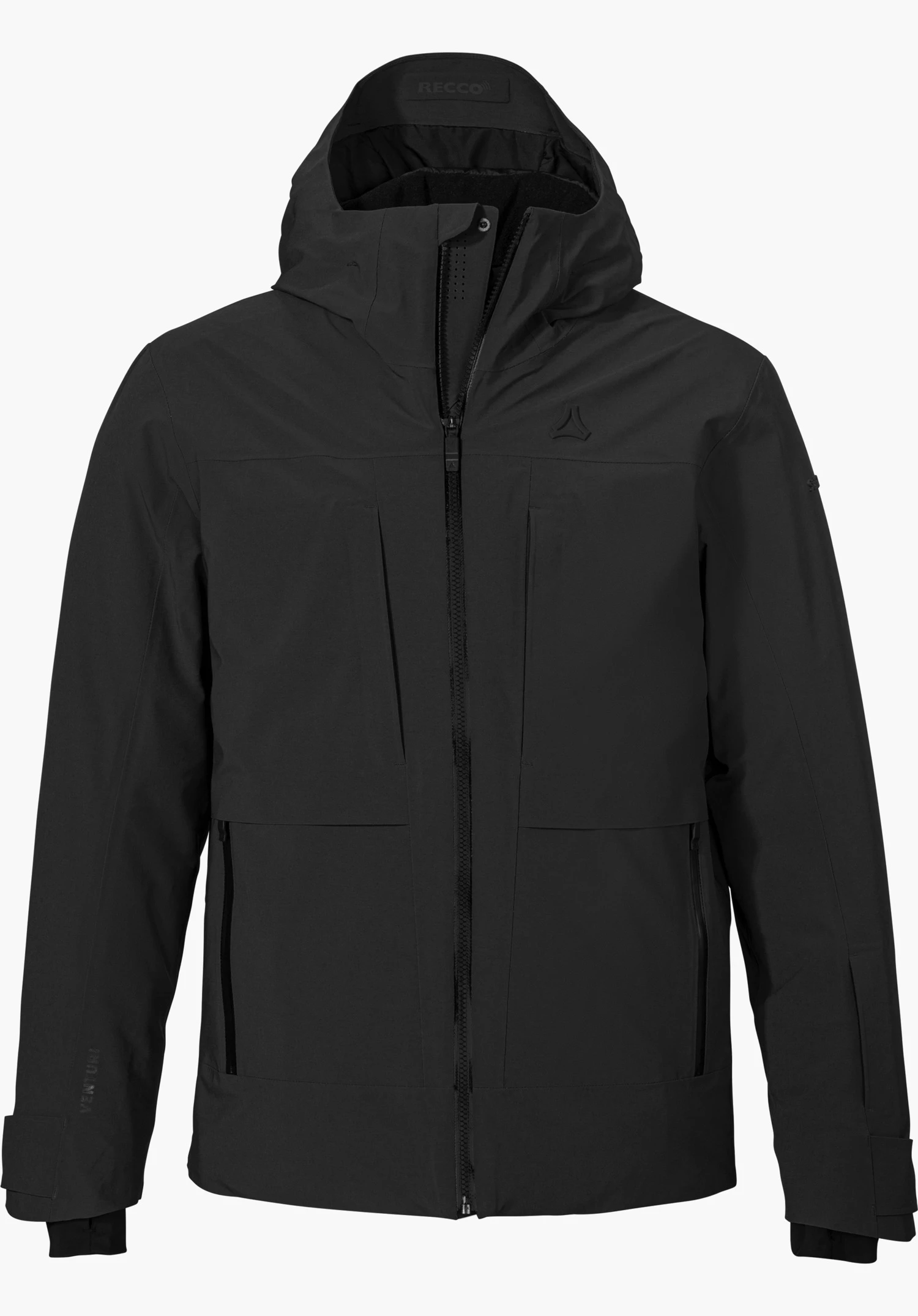 Jacket Style Lumineo MEN ski jacket in black with a hood, front zipper and tonal Schöffel logo, shown from the front and isolated on a white background.