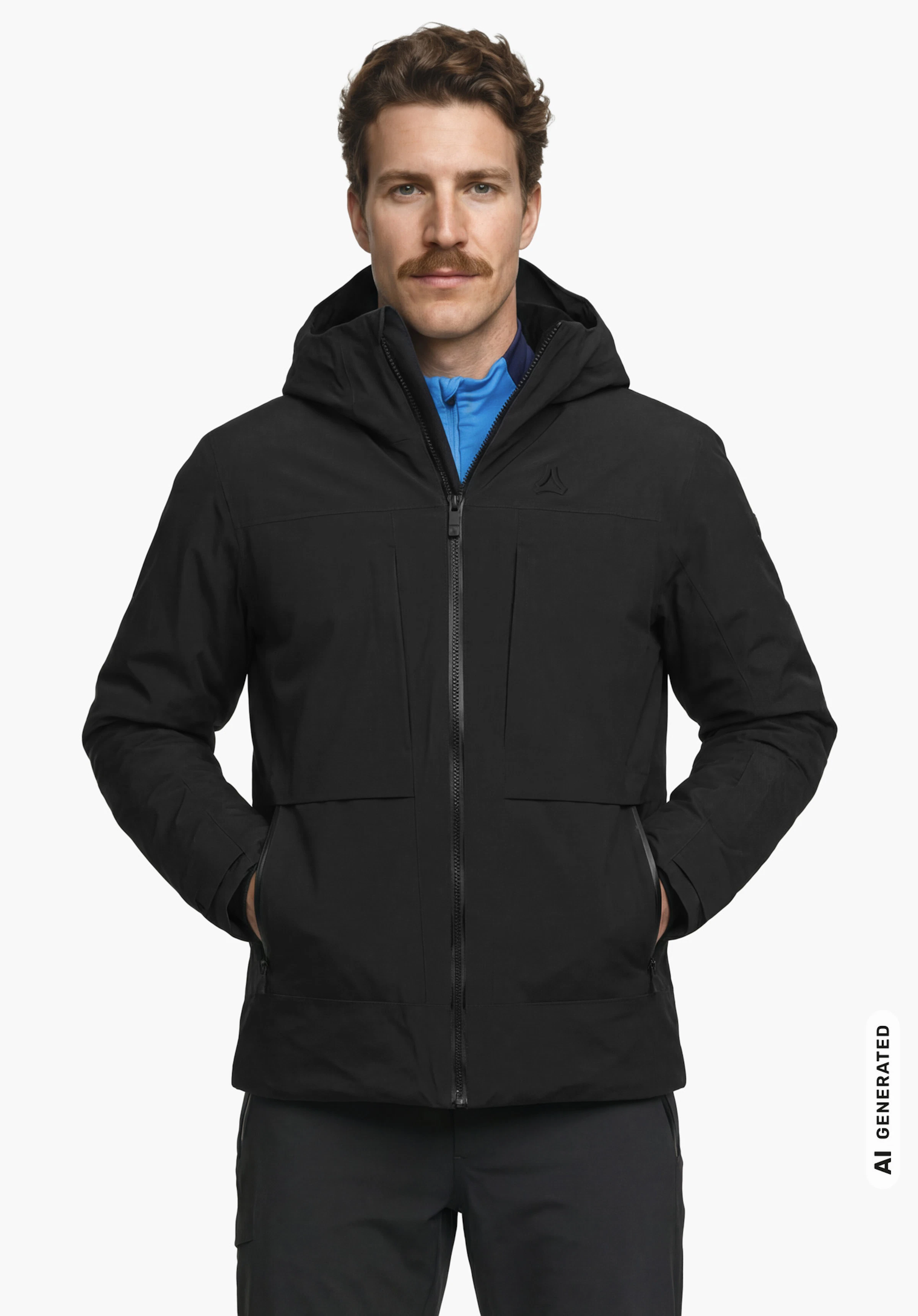 Jacket Style Lumineo MEN en noir avec capuche et logo Schöffel, porté par un modèle masculin vu de face avec les mains dans les poches sur fond blanc. (Généré par IA)