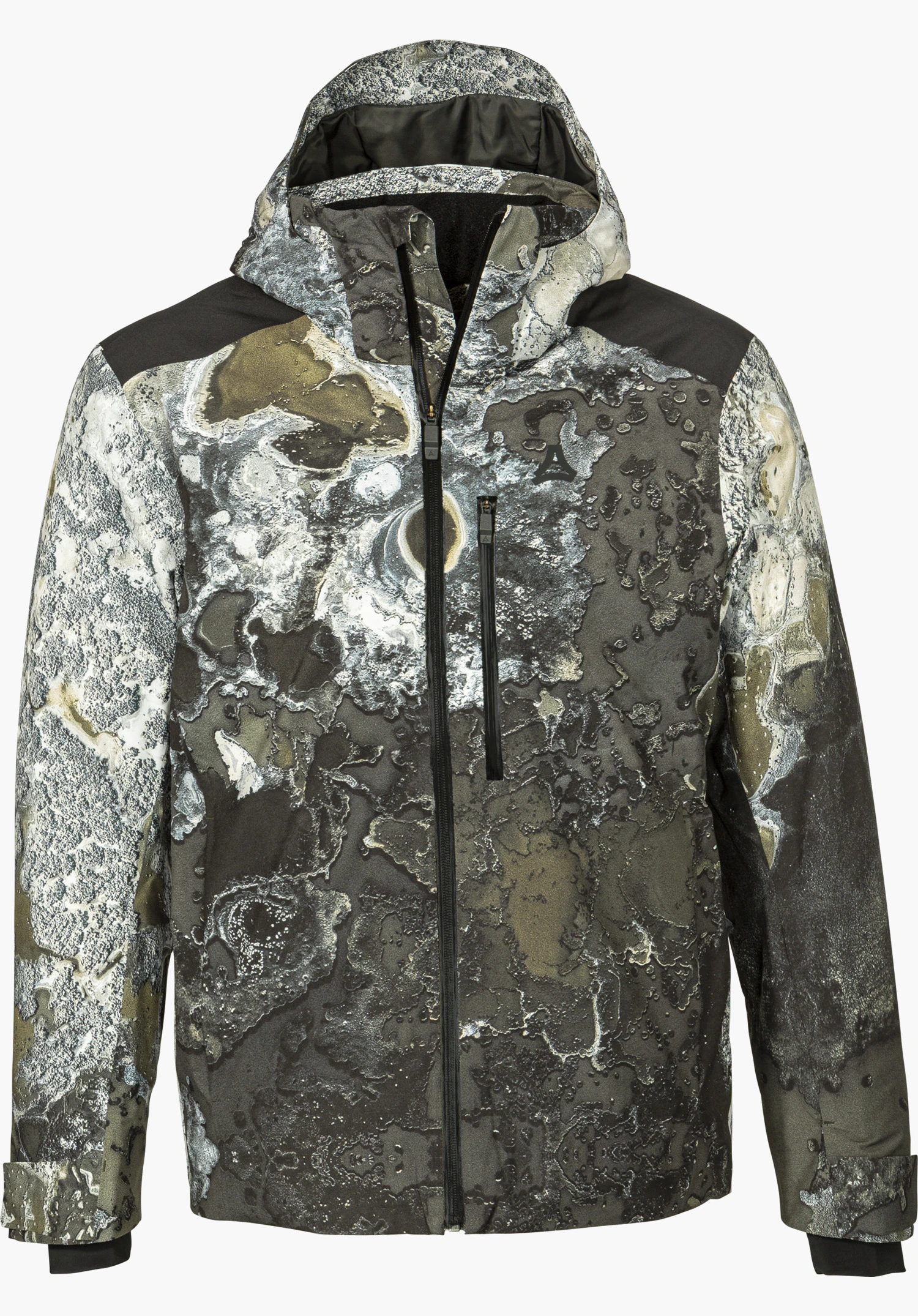 Schöffel X Tom Hegen JK MEN ski jacket in green with a full-length zipper, hood and striking all-over print, isolated on a white background.