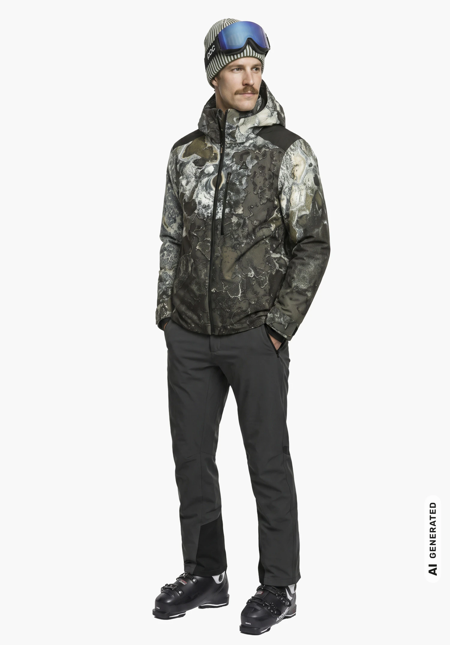 Schöffel X Tom Hegen JK MEN in green, worn by a male model with hands in pockets in a side view against a white background. (AI-generated)