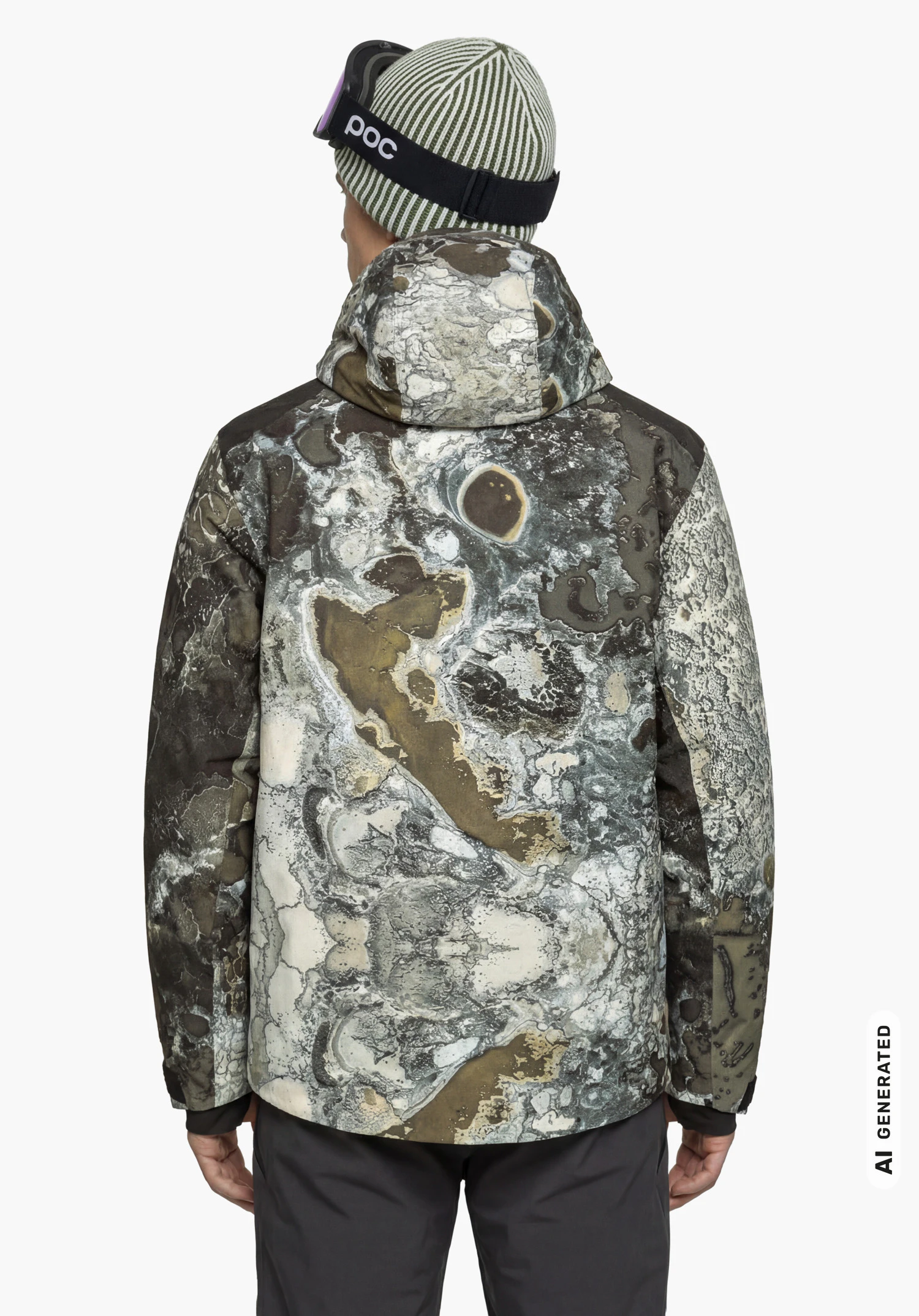 Schöffel X Tom Hegen JK MEN in green, worn by a male model standing upright and shown from the back with the hood up against a white background. (AI-generated)