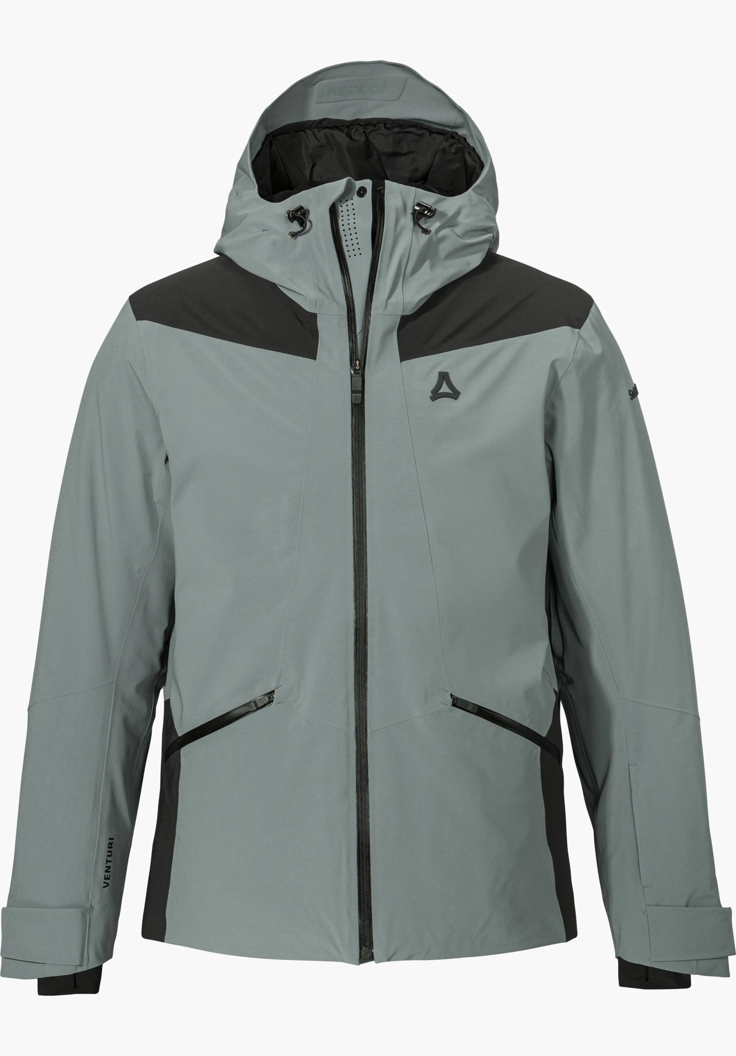 Jacket Style Levivo MEN ski jacket in grey with a hood, black accents, zip pockets and visible Schöffel logo, shown from the front and isolated on a white background.