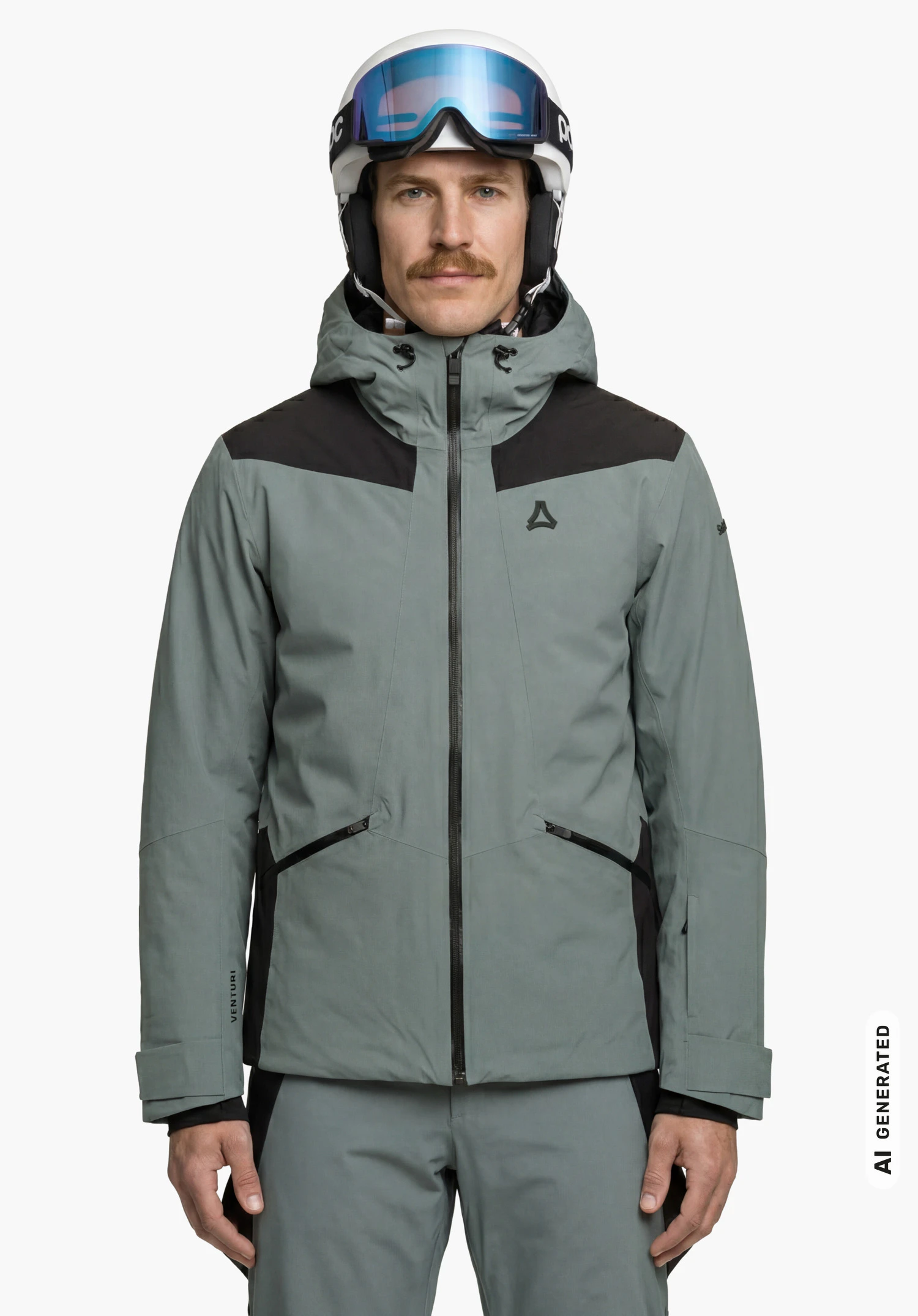 Jacket Style Levivo MEN in grey with visible Schöffel logo, worn by a male model standing upright and shown from the front with the zipper closed, ski helmet and ski goggles against a white background. (AI-generated)