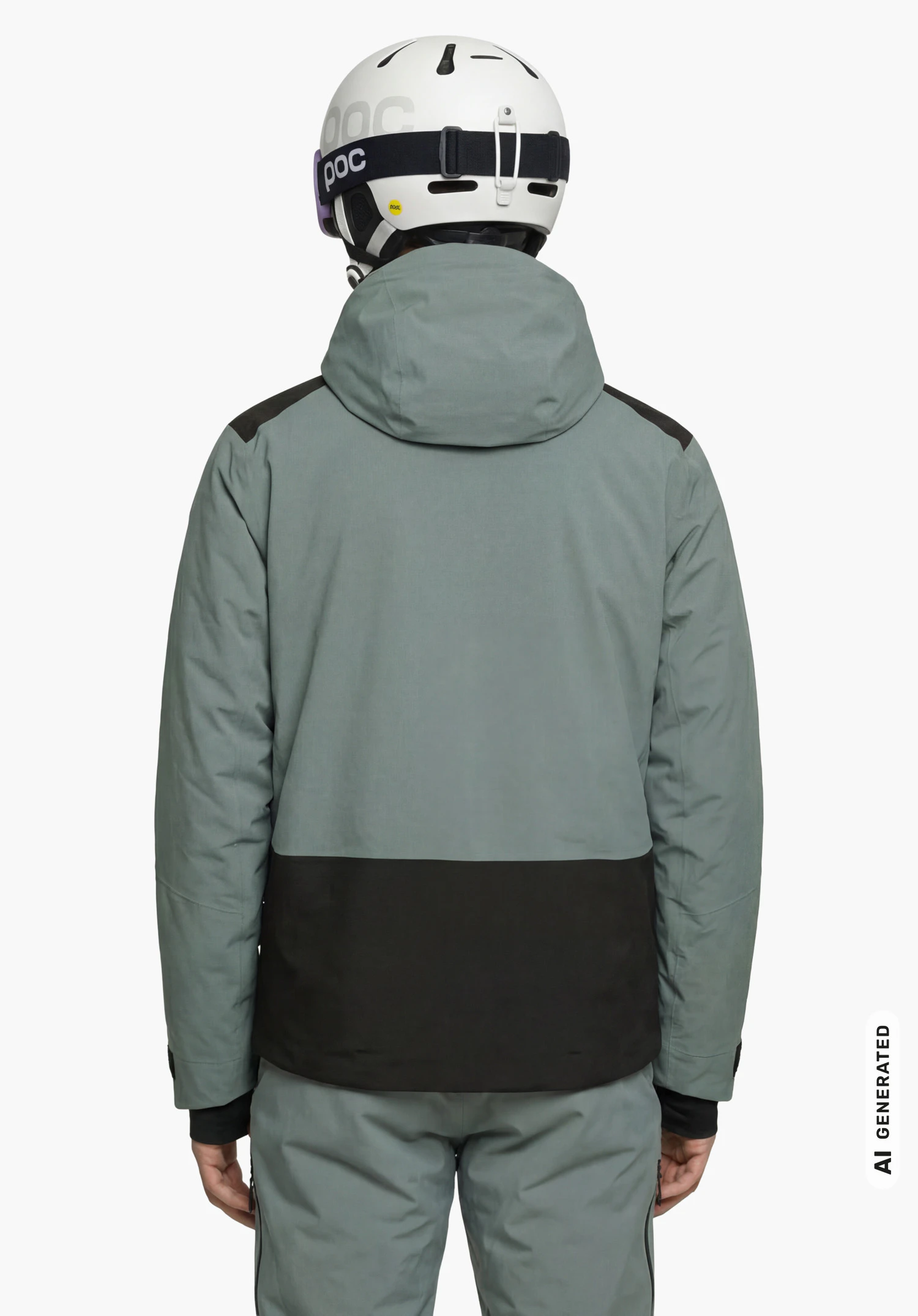 Jacket Style Levivo MEN in grey with Schöffel lettering on the ski helmet, worn by a male model standing upright and shown from the back with arms hanging down against a white background. (AI-generated)
