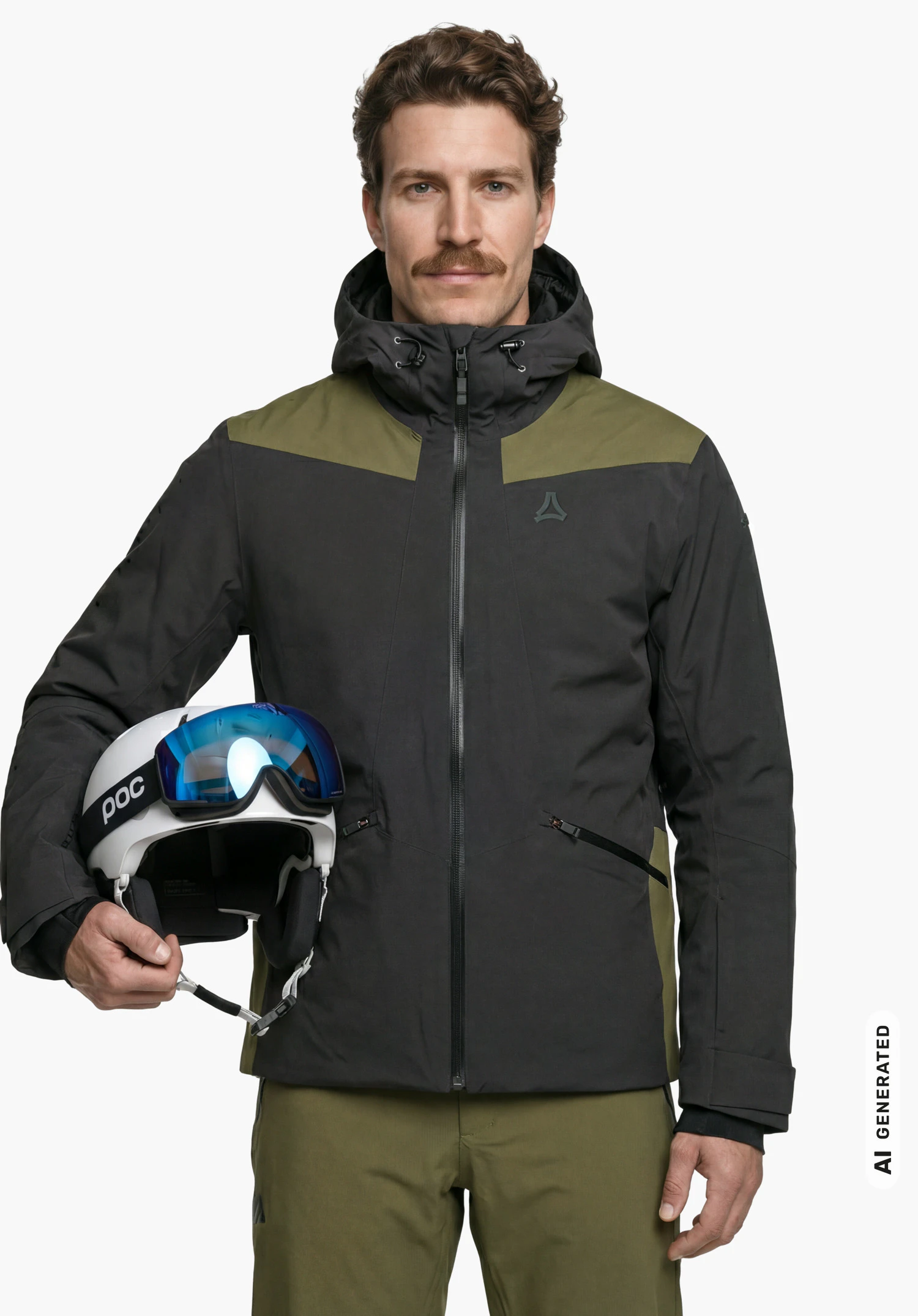 Jacket Style Levivo MEN in black with Schöffel logo, worn by a male model standing upright and shown from the front while holding a ski helmet in one hand against a white background. (AI-generated)