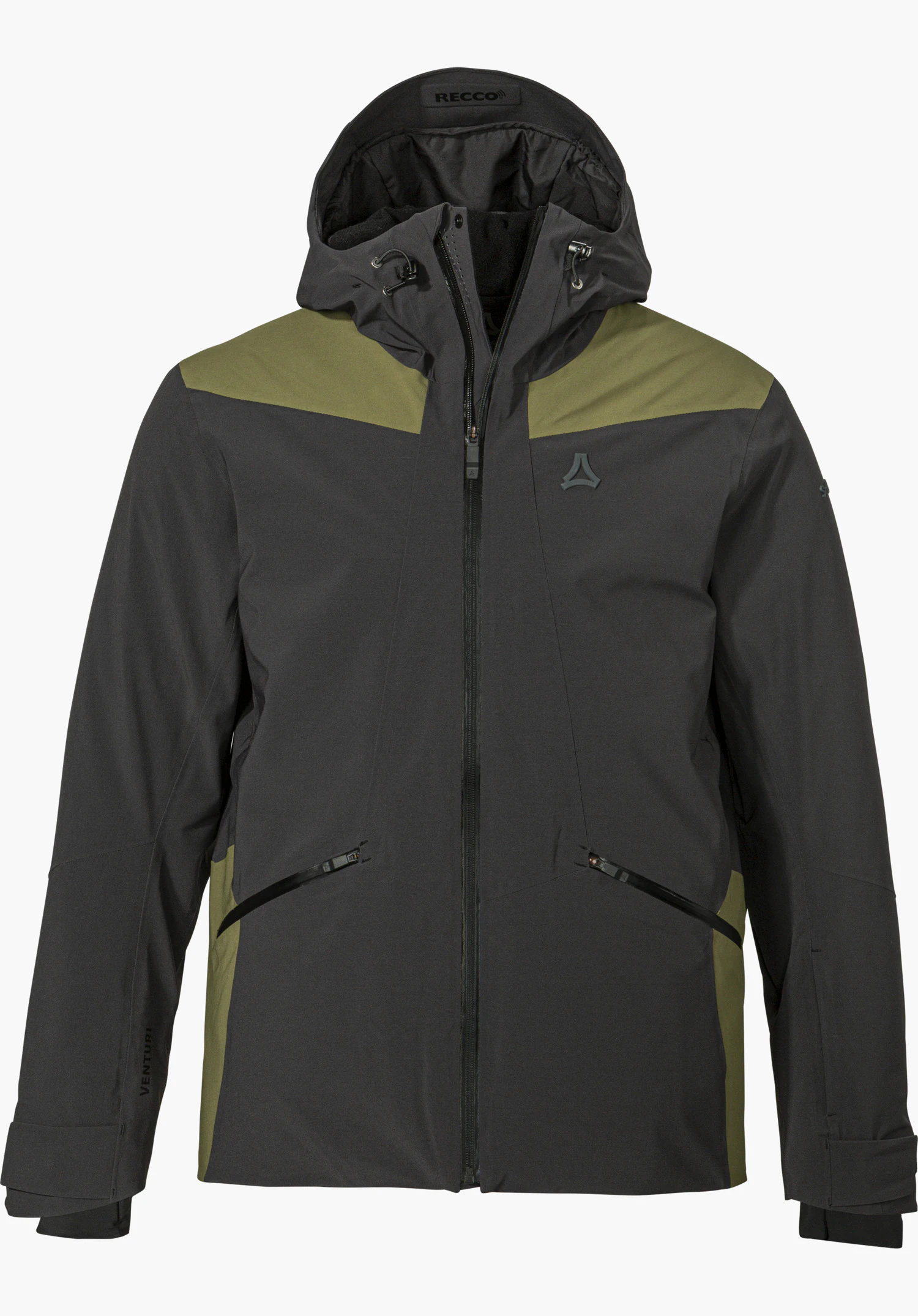 Jacket Style Levivo MEN ski jacket in black with a hood, contrasting panels and Schöffel logo, shown from the front and isolated on a white background.