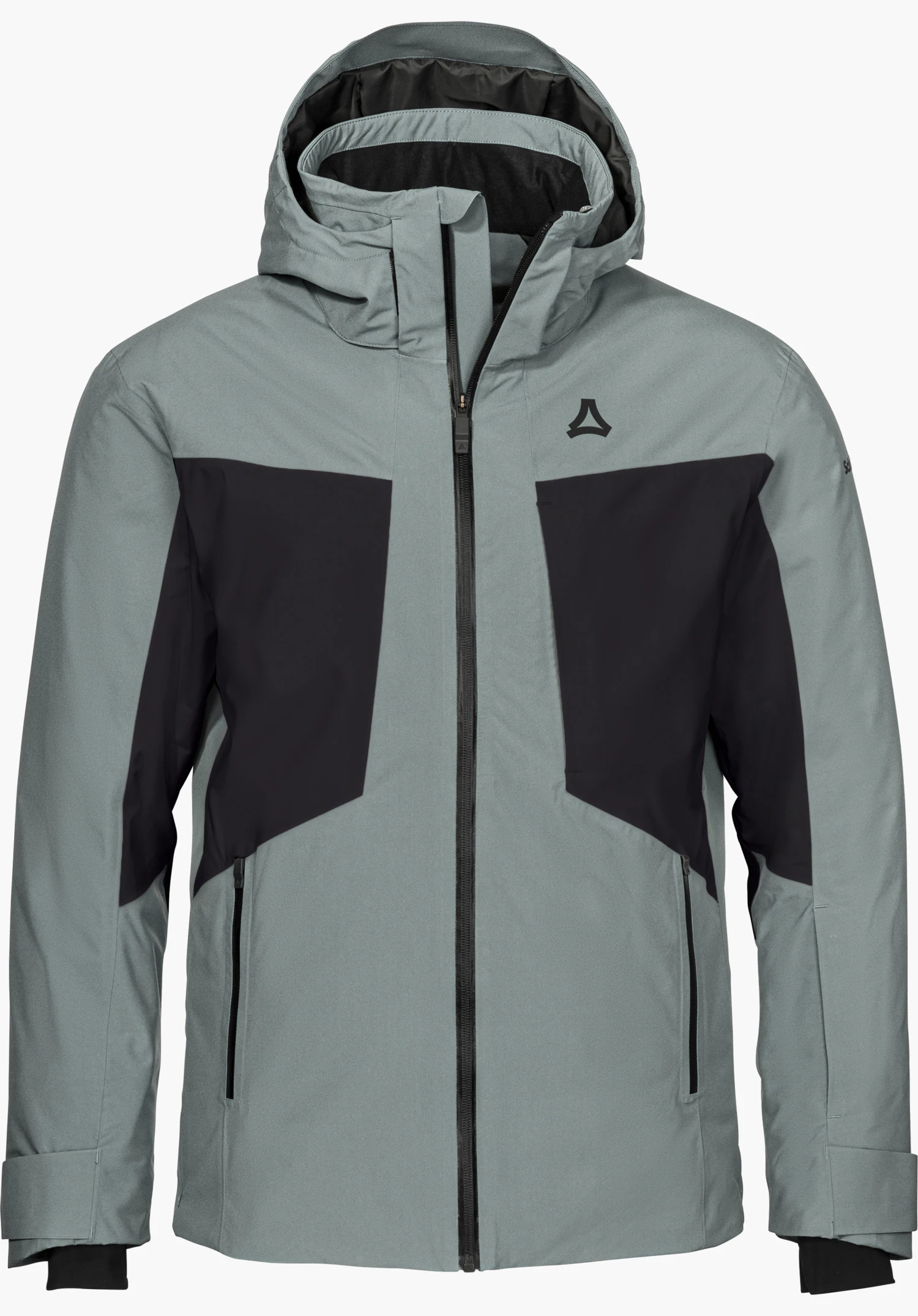 Jacket Style Trifex MEN ski jacket in grey with hood, black colour accents, zippers and Schöffel logo, shown from the front and isolated on a white background.