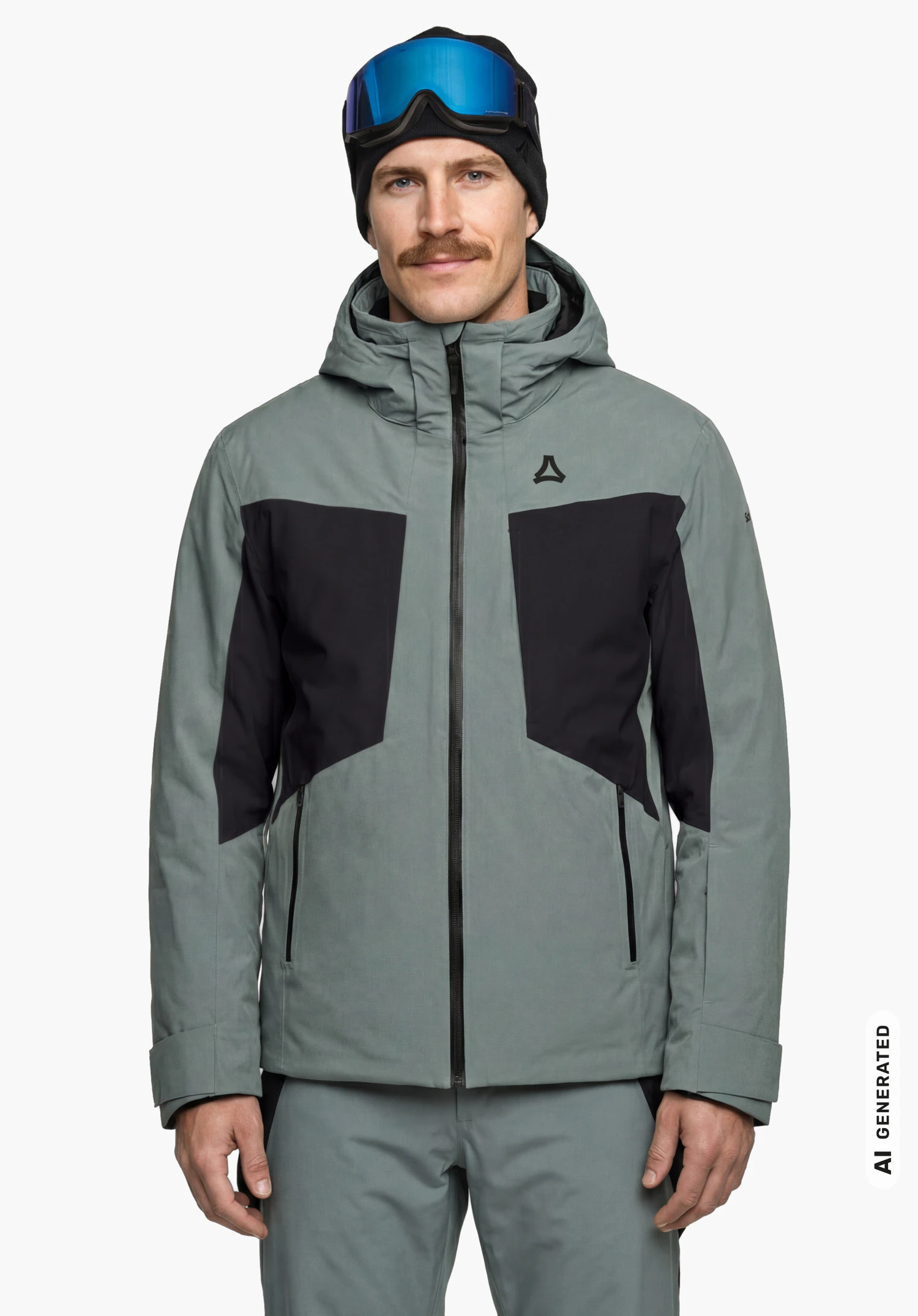 Jacket Style Trifex MEN in grey with Schöffel logo on the chest, worn by a male model standing upright and shown from the front with arms hanging down against a white background. (AI-generated)