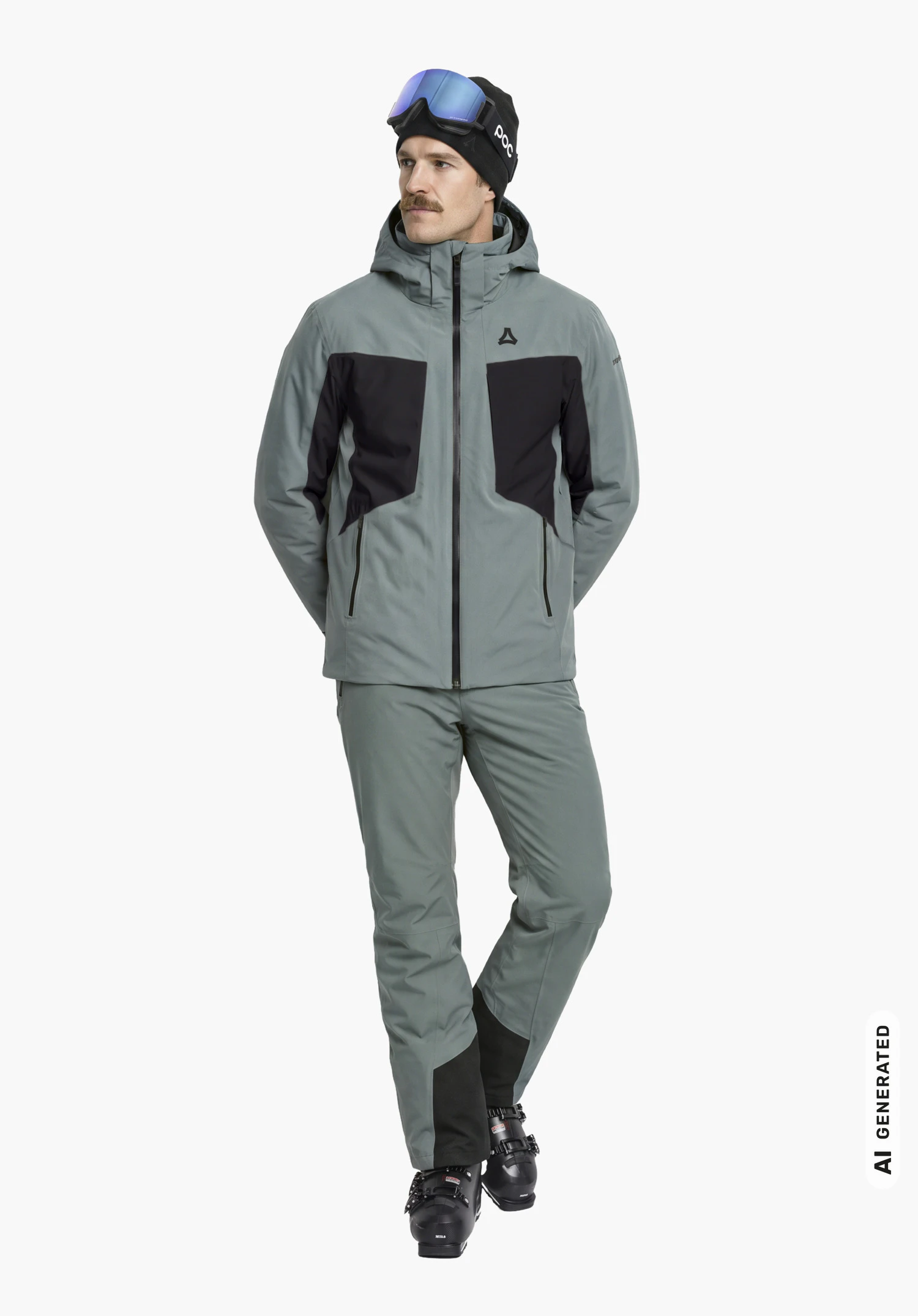 Jacket Style Trifex MEN in grey, with visible Schöffel logo, worn by a male model standing upright with slightly bent legs in a side view against a white background. (AI-generated)