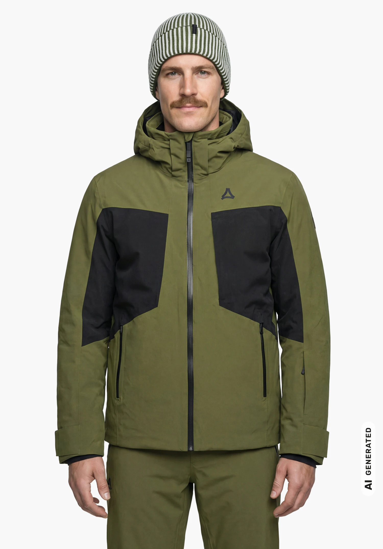 Jacket Style Trifex MEN in green with Schöffel logo, worn by a male model standing upright and shown from the front with arms hanging down against a white background. (AI-generated)