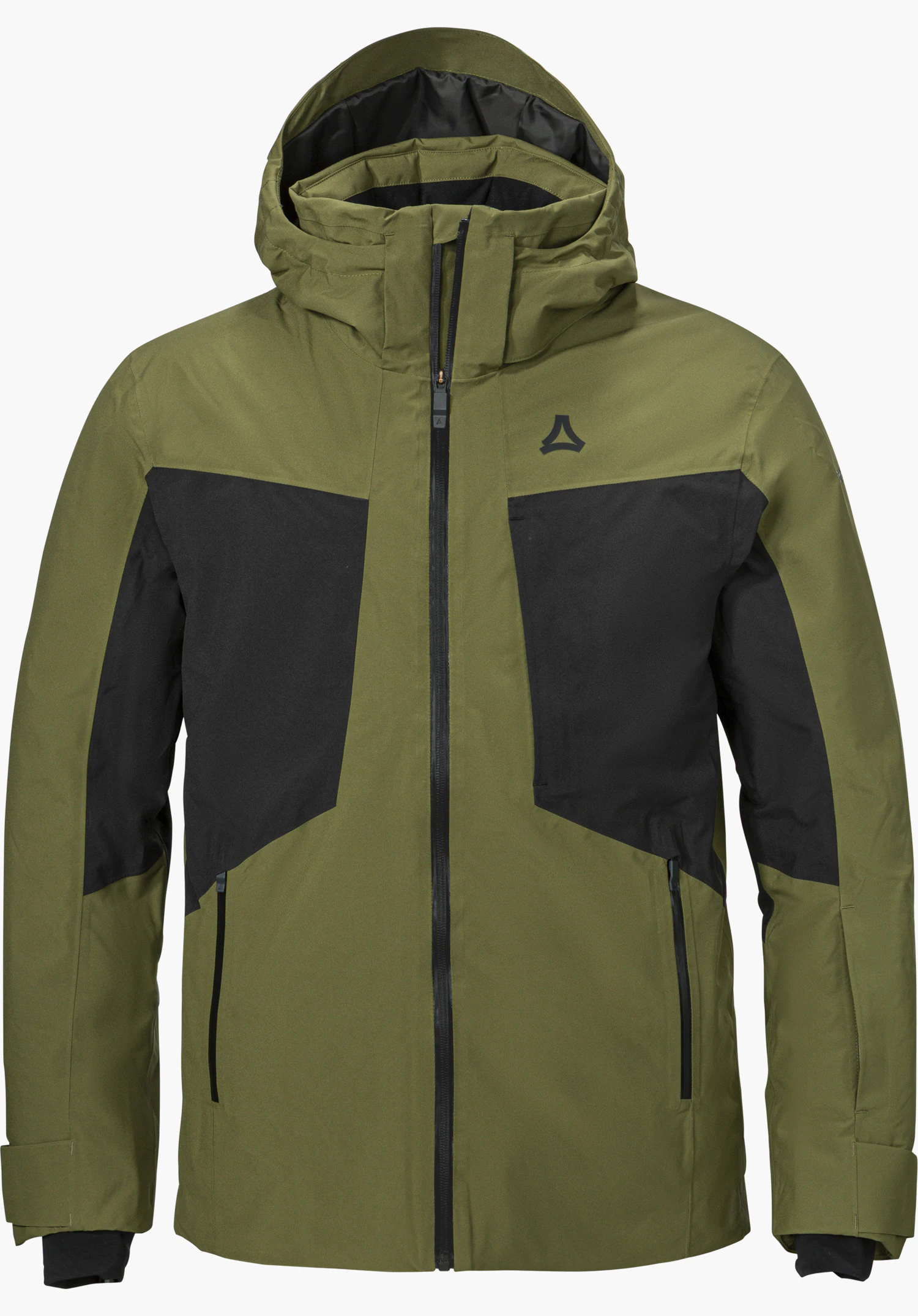 Jacket Style Trifex MEN ski jacket in green with a hood, black colour accents and Schöffel logo, shown from the front and isolated on a white background.
