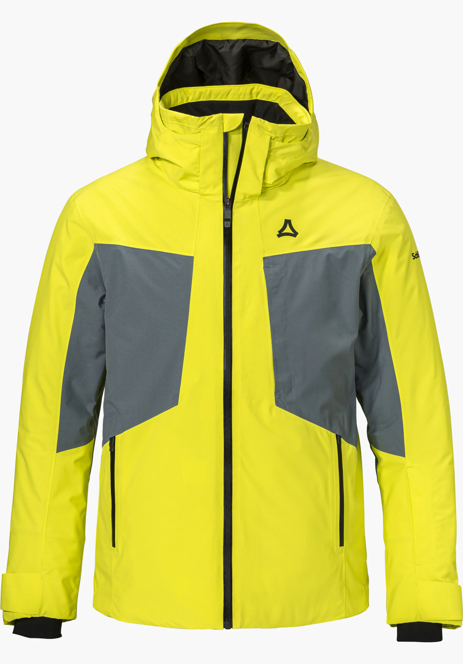 Jacket Style Trifex MEN ski jacket in yellow with a hood, front zipper and visible Schöffel logo, shown from the front and isolated on a white background.