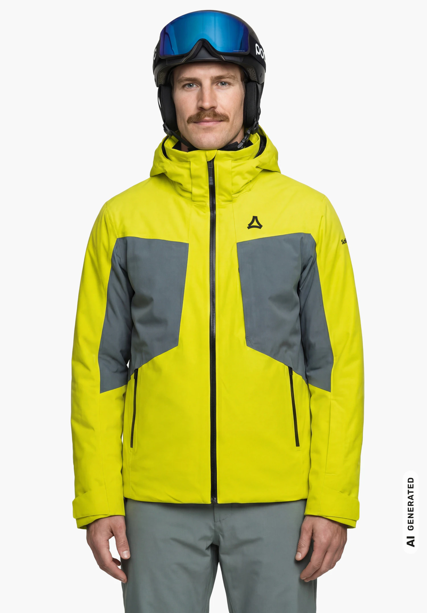 Jacket Style Trifex MEN in yellow with Schöffel logo, worn by a male model with helmet and ski goggles, shown from the front with arms hanging down against a white background. (AI-generated)
