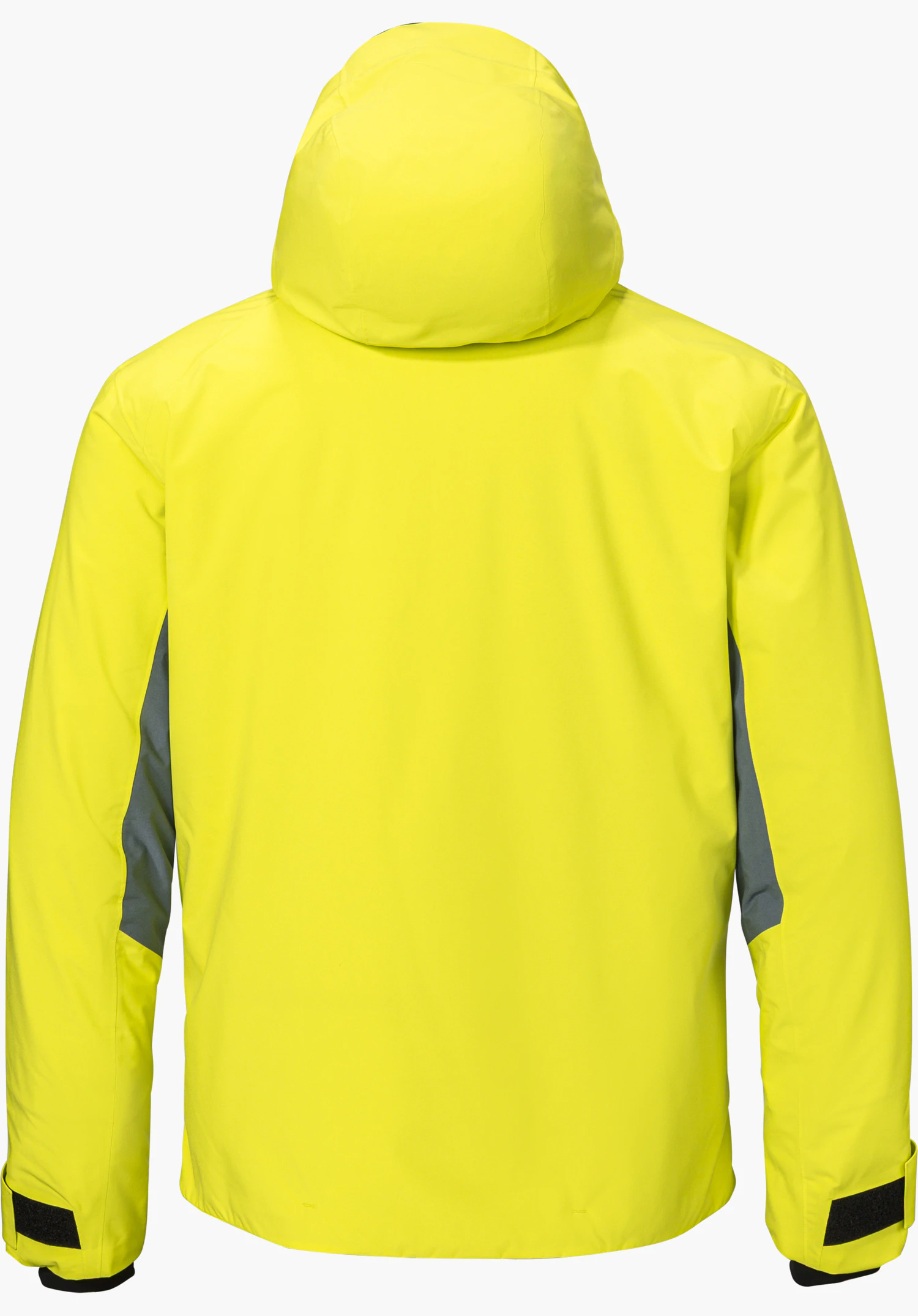 Jacket Style Trifex MEN ski jacket in yellow with a hood and grey side panels, shown from the back and isolated on a white background.