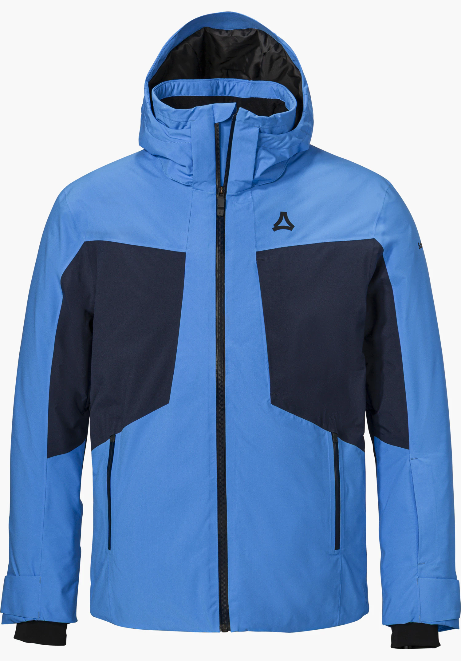 Jacket Style Trifex MEN ski jacket in blue with hood and black Schöffel logo, isolated on a white background.