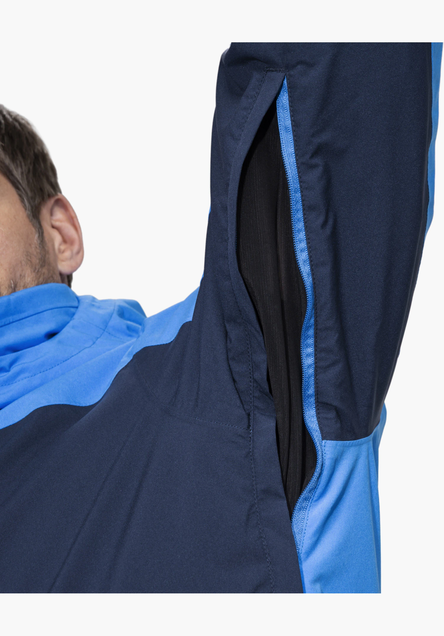Jacket Style Trifex MEN in blue featuring an open underarm ventilation zipper for optimal airflow close-up against a white background.