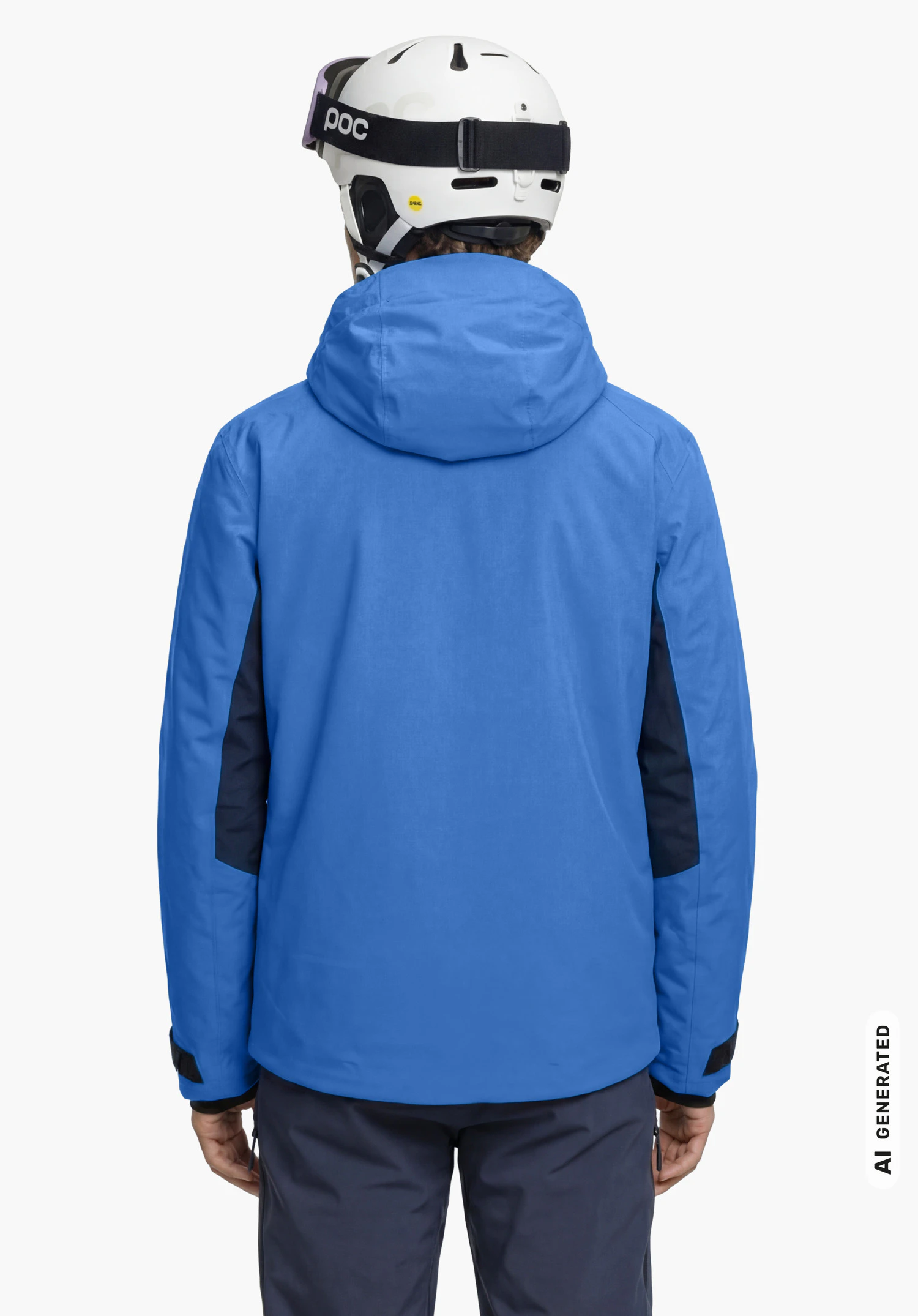 Jacket Style Trifex MEN in blue, worn by a male model shown from the back with a ski helmet and ski goggles against a white background. (AI-generated)