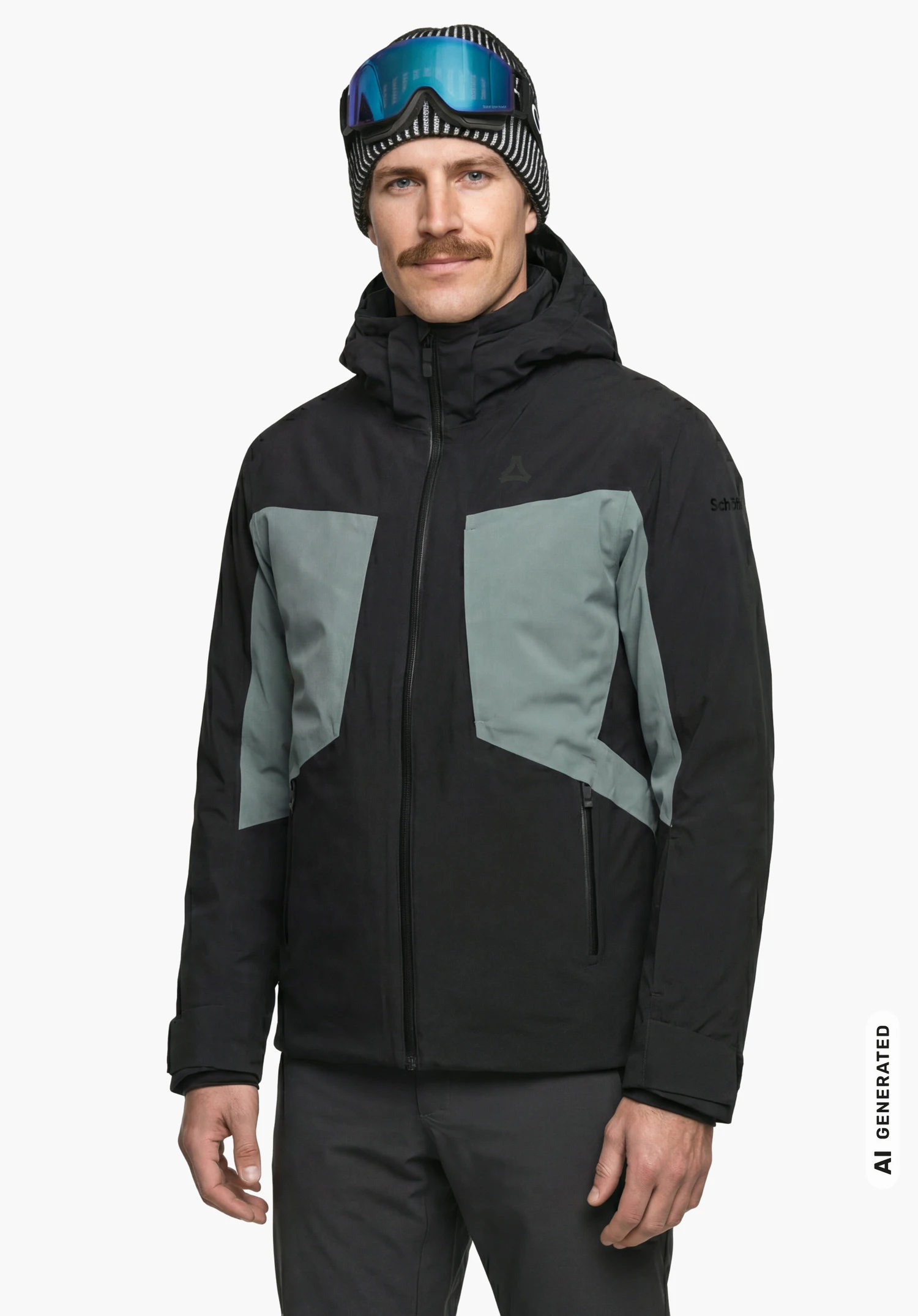 Jacket Style Trifex MEN in black with hood, contrasting accents and visible Schöffel lettering on the sleeve, worn by a male model standing upright and shown from the front against a white background. (AI-generated)