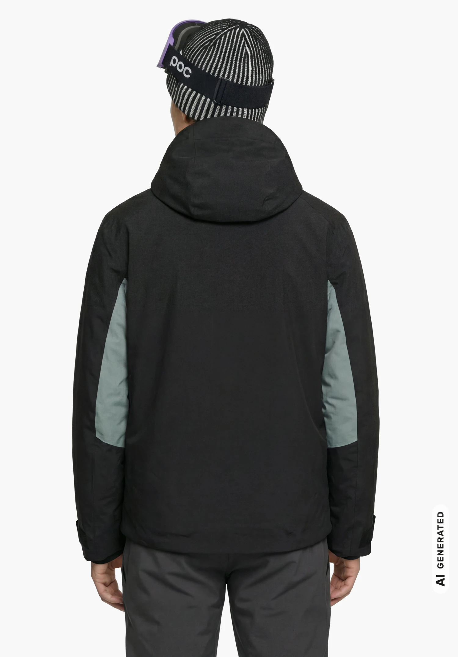 Jacket Style Trifex MEN in black with hood and light green accents on the sleeves, worn by a male model shown from the back with arms hanging down against a white background. (AI-generated)