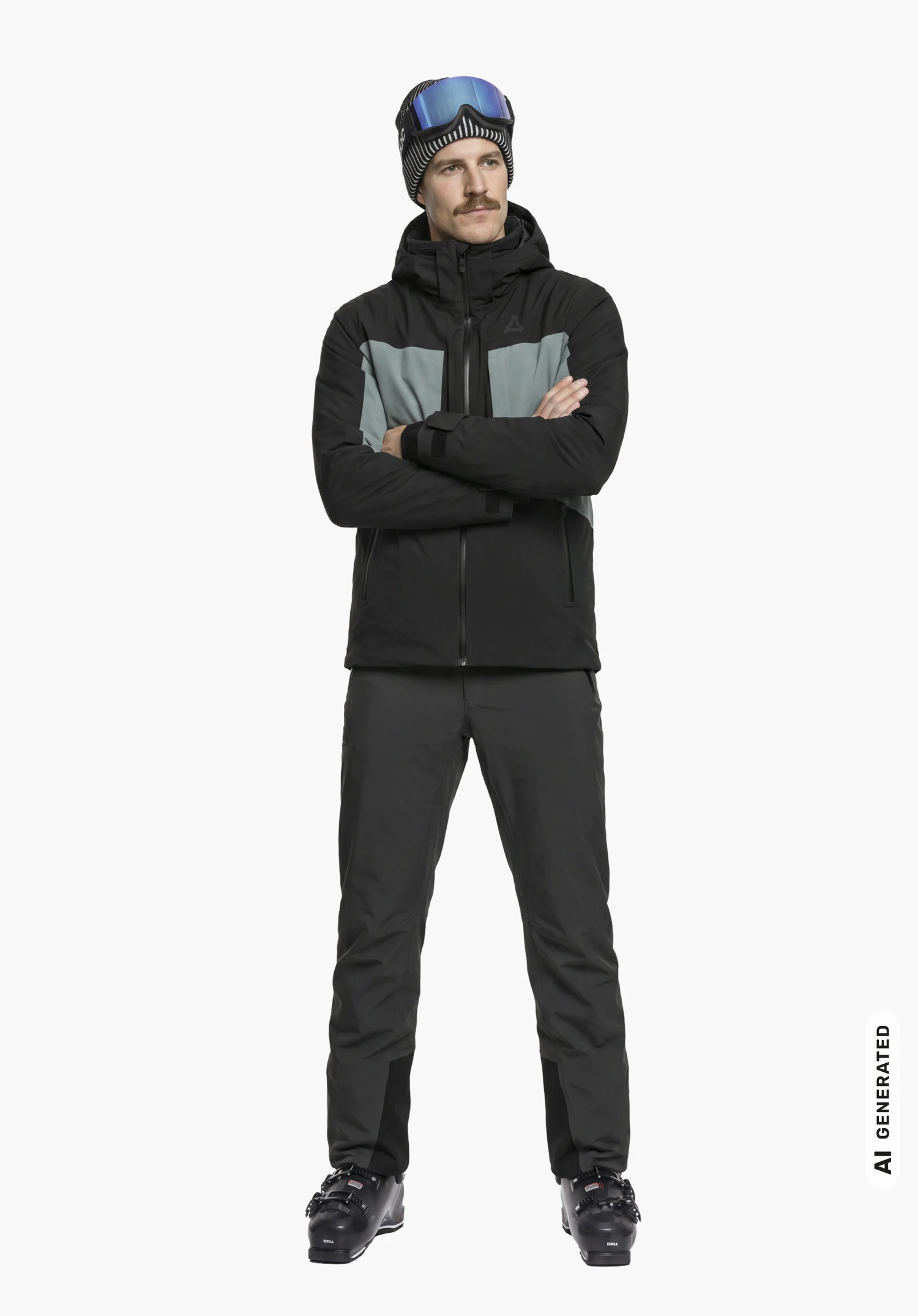 Jacket Style Trifex MEN in black, worn by a male model standing upright with crossed arms in a slight side view with visible Schöffel logo against a white background. (AI-generated)
