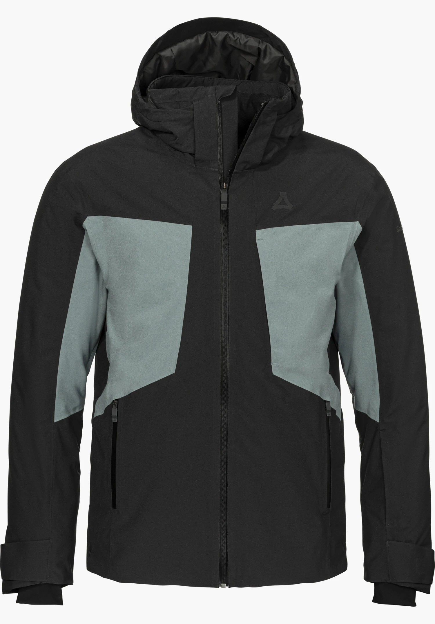 Jacket Style Trifex MEN ski jacket in black with hood, contrasting light blue inserts on the chest and Schöffel logo on the left chest, shown from the front and isolated on a white background.