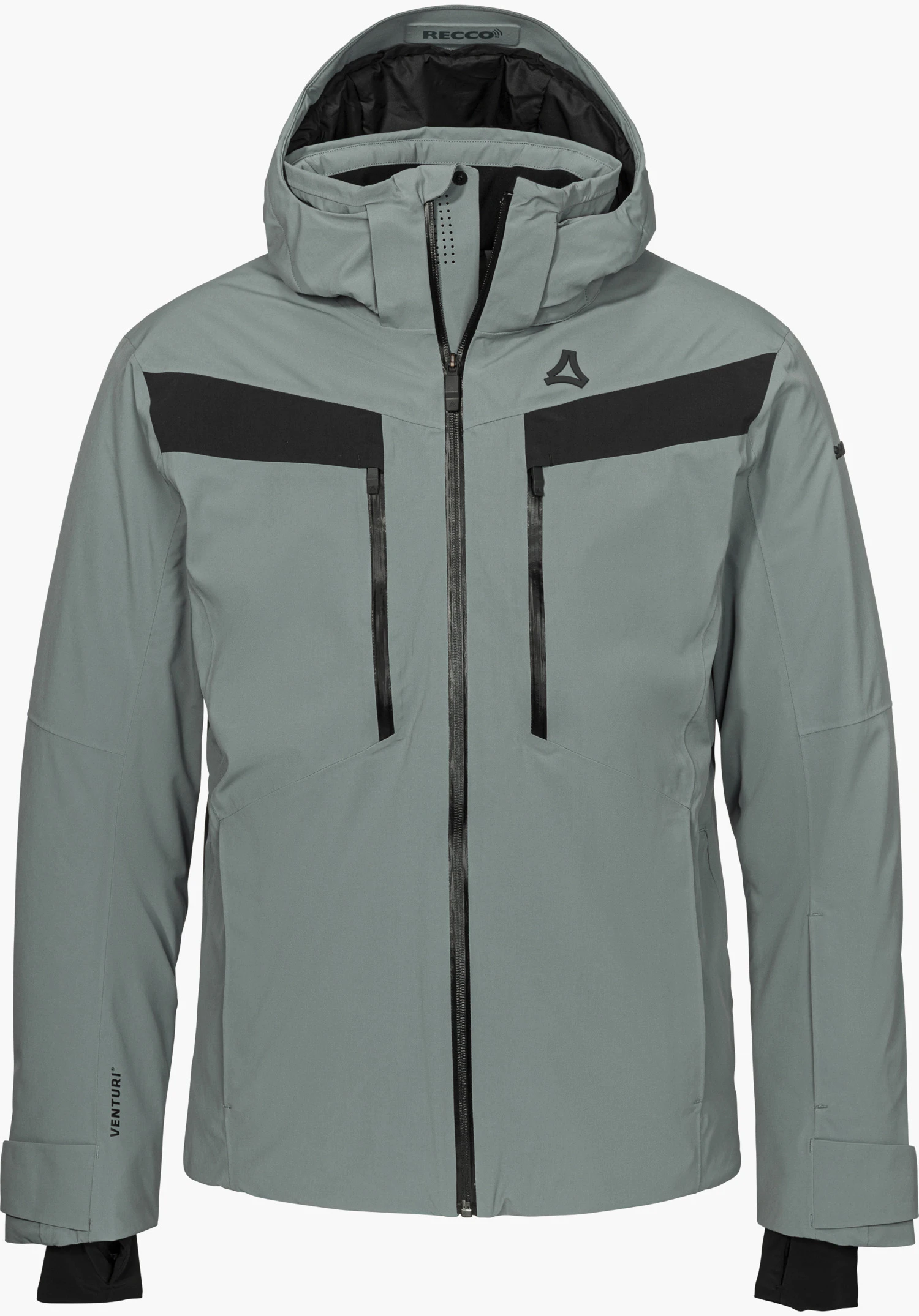 Jacket Style Safuna MEN ski jacket in grey with hood, black zippers, contrasting panels and Schöffel logo, shown from the front and isolated on a white background.