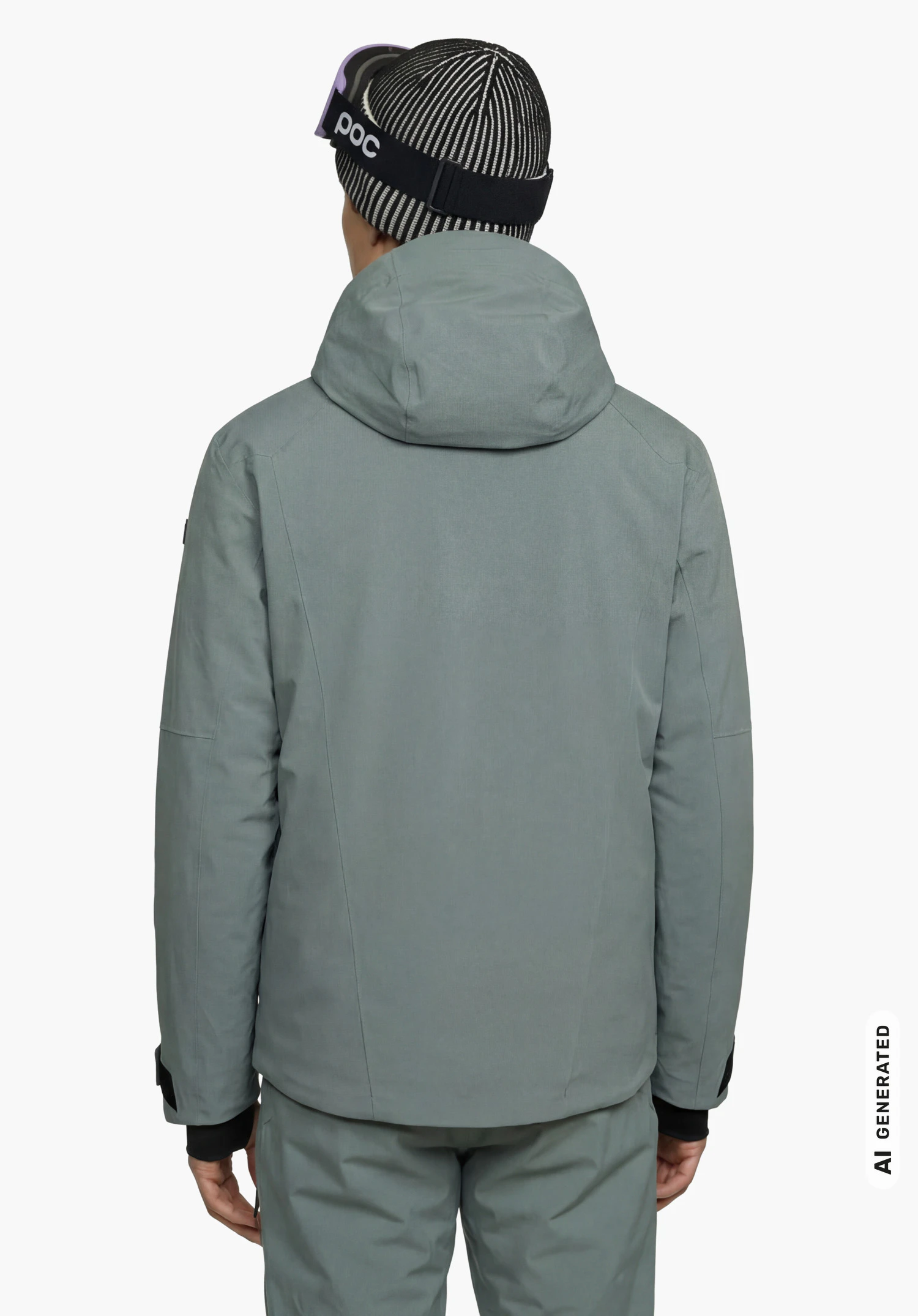 Jacket Style Safuna MEN in grey with hood, worn by a male model standing upright and shown from the back against a white background. (AI-generated)