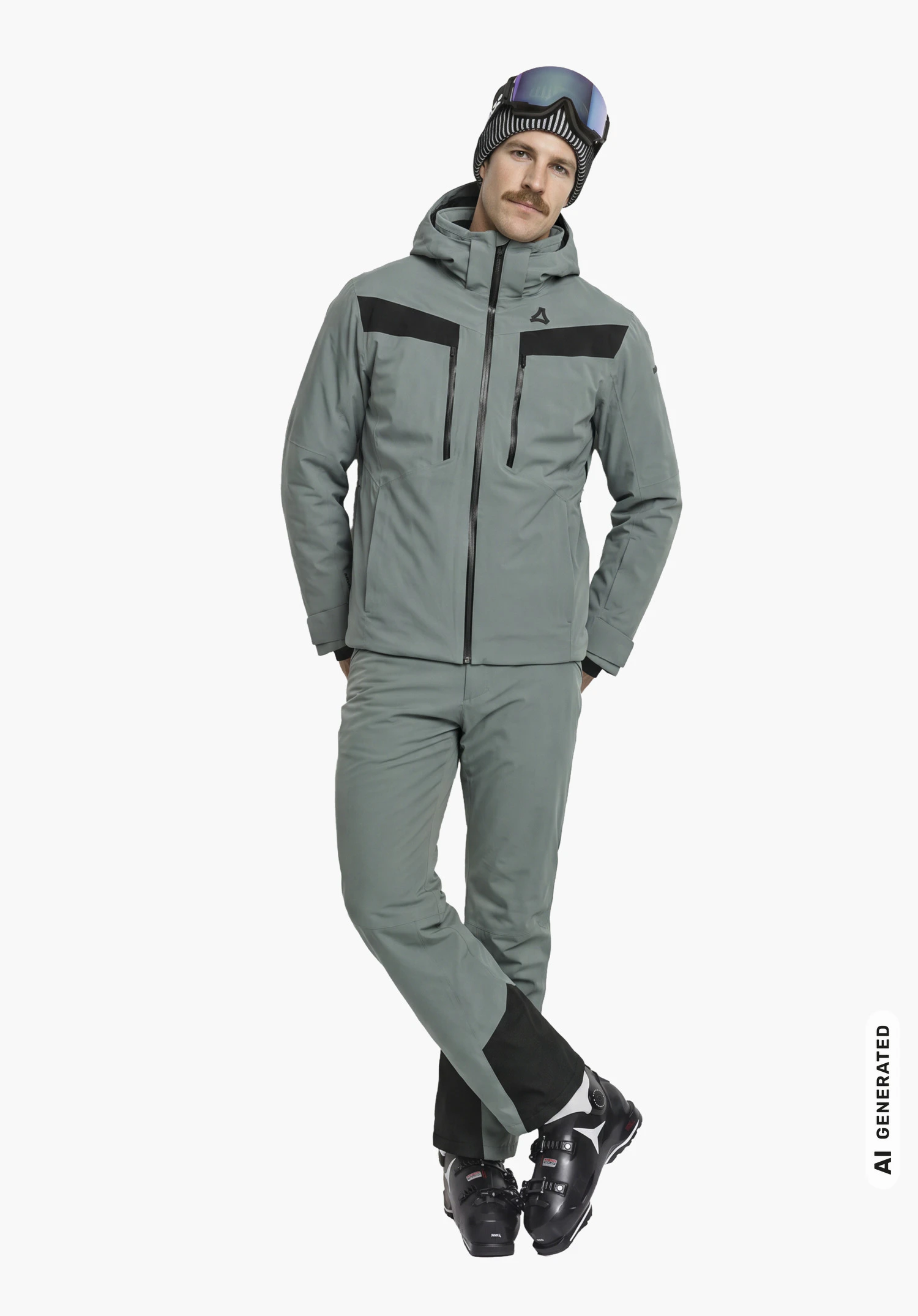 Jacket Style Safuna MEN in grey, with visible Schöffel logo, worn by a male model in a slight side view and upright stance with hands in pockets against a white background. (AI-generated)