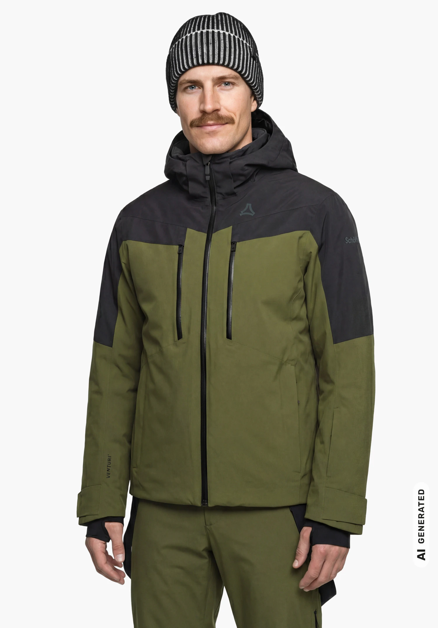 Jacket Style Safuna MEN in green with Schöffel logo on the chest, worn by a male model standing upright and shown from the front with the hood and zipper closed against a white background. (AI-generated)