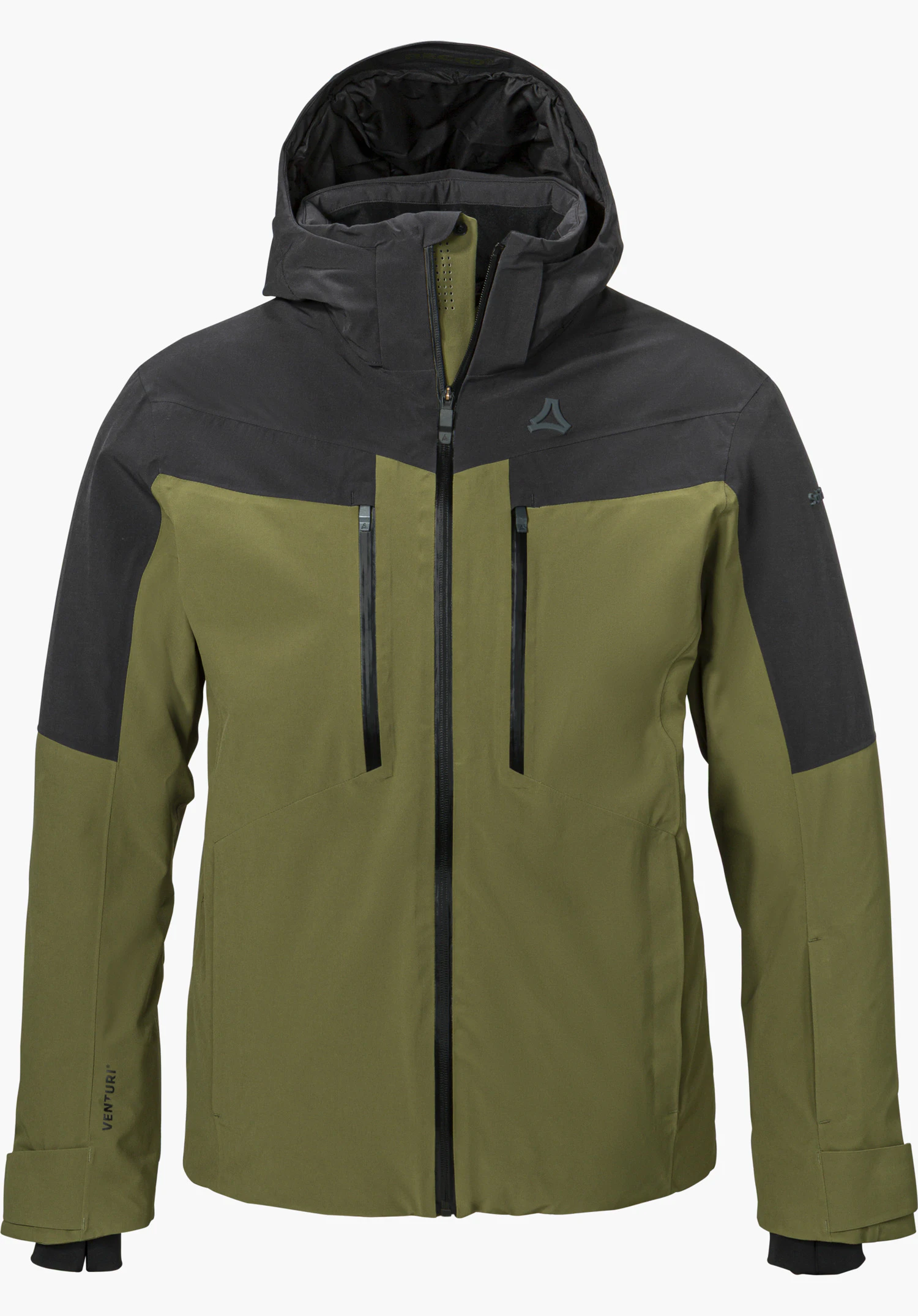 Jacket Style Safuna MEN ski jacket in green with hood, contrasting black shoulder and chest panels, visible zippers, Schöffel logo on the chest and Venturi lettering on the sleeve, isolated on a white background.