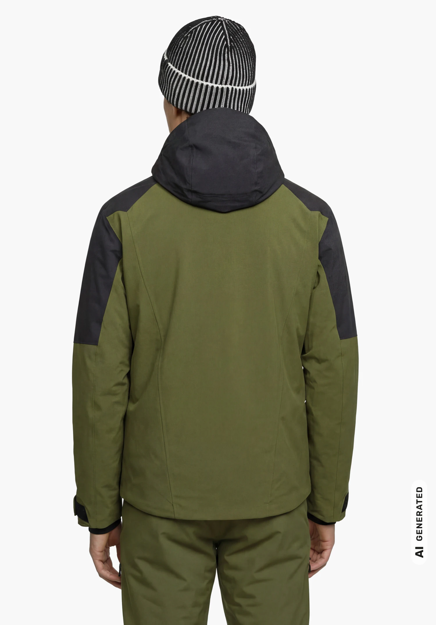 Jacket Style Safuna MEN in green with hood, worn by a male model standing upright and shown from the back against a white background. (AI-generated)
