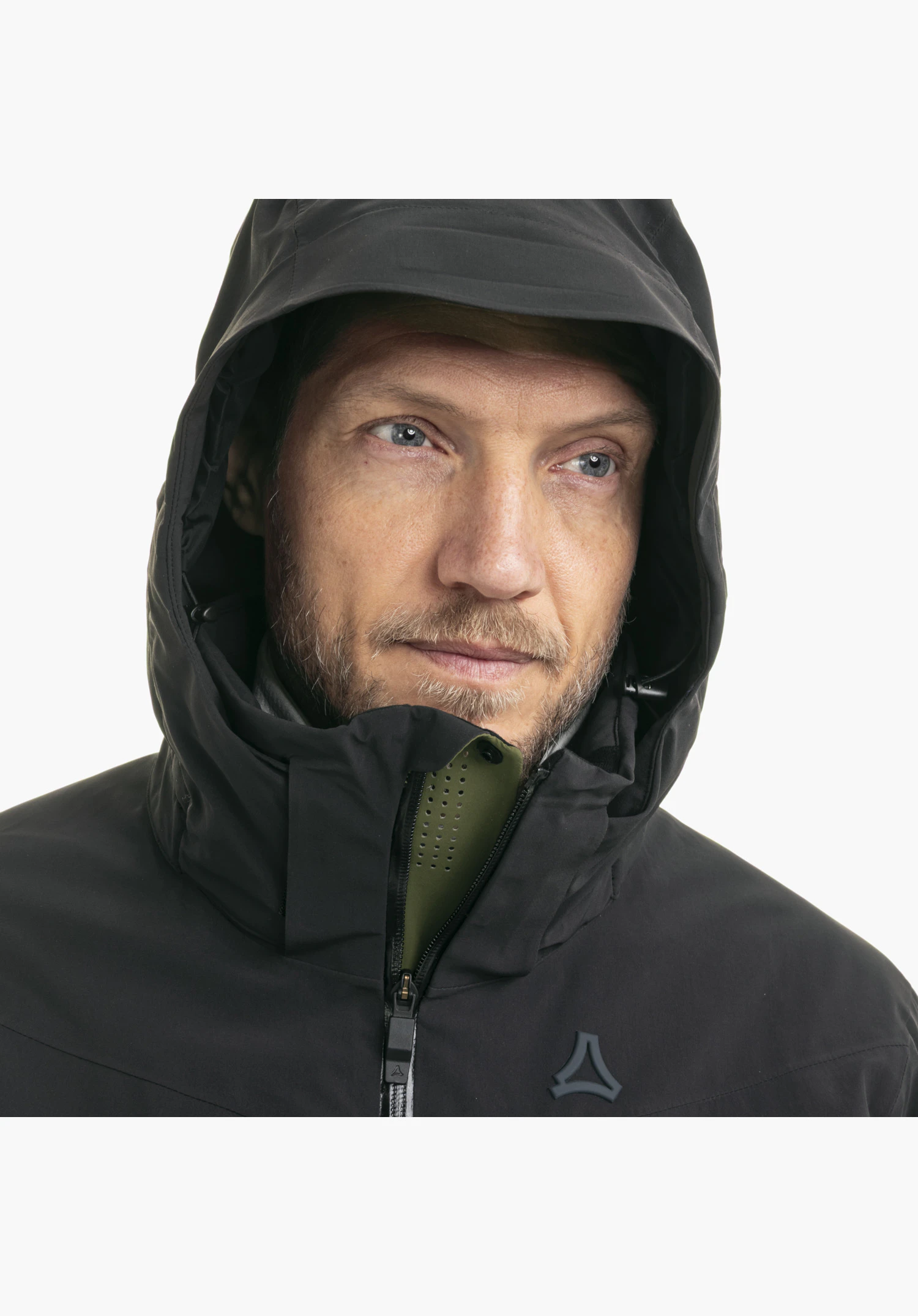 Jacket Style Safuna MEN focusing on the hood, the high collar with green ventilation details, and the Schöffel logo on the chest in a close-up against a white background.