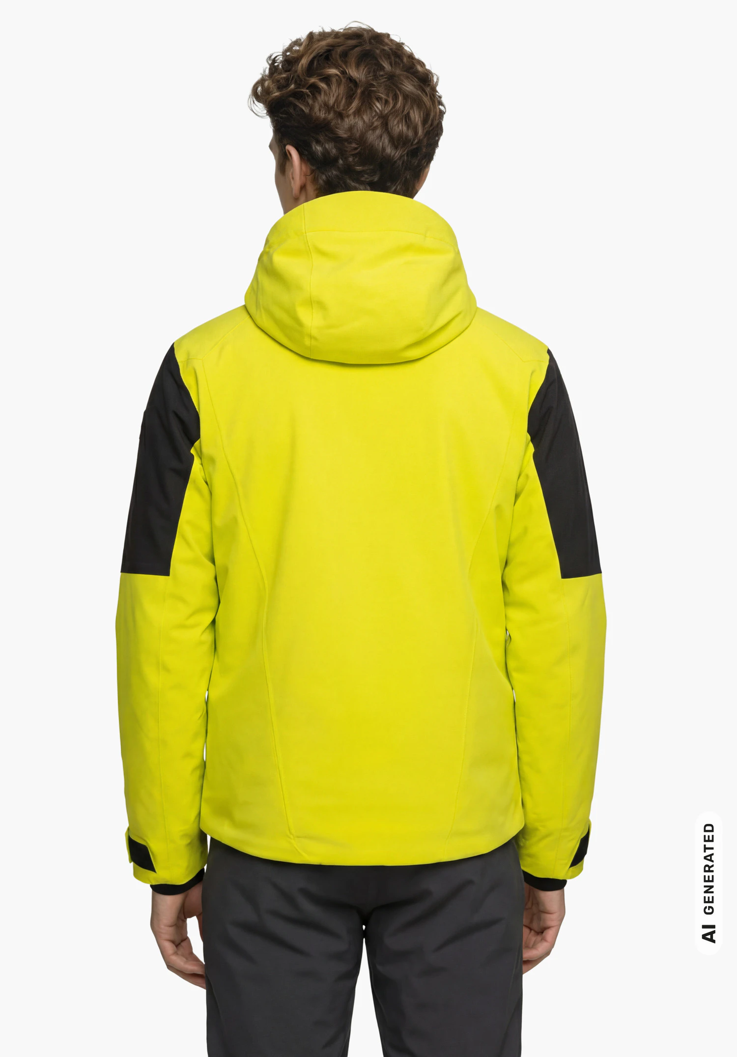 Jacket Style Safuna MEN in yellow with hood, worn by a male model shown from the back in a relaxed posture with arms hanging down against a white background. (AI-generated)
