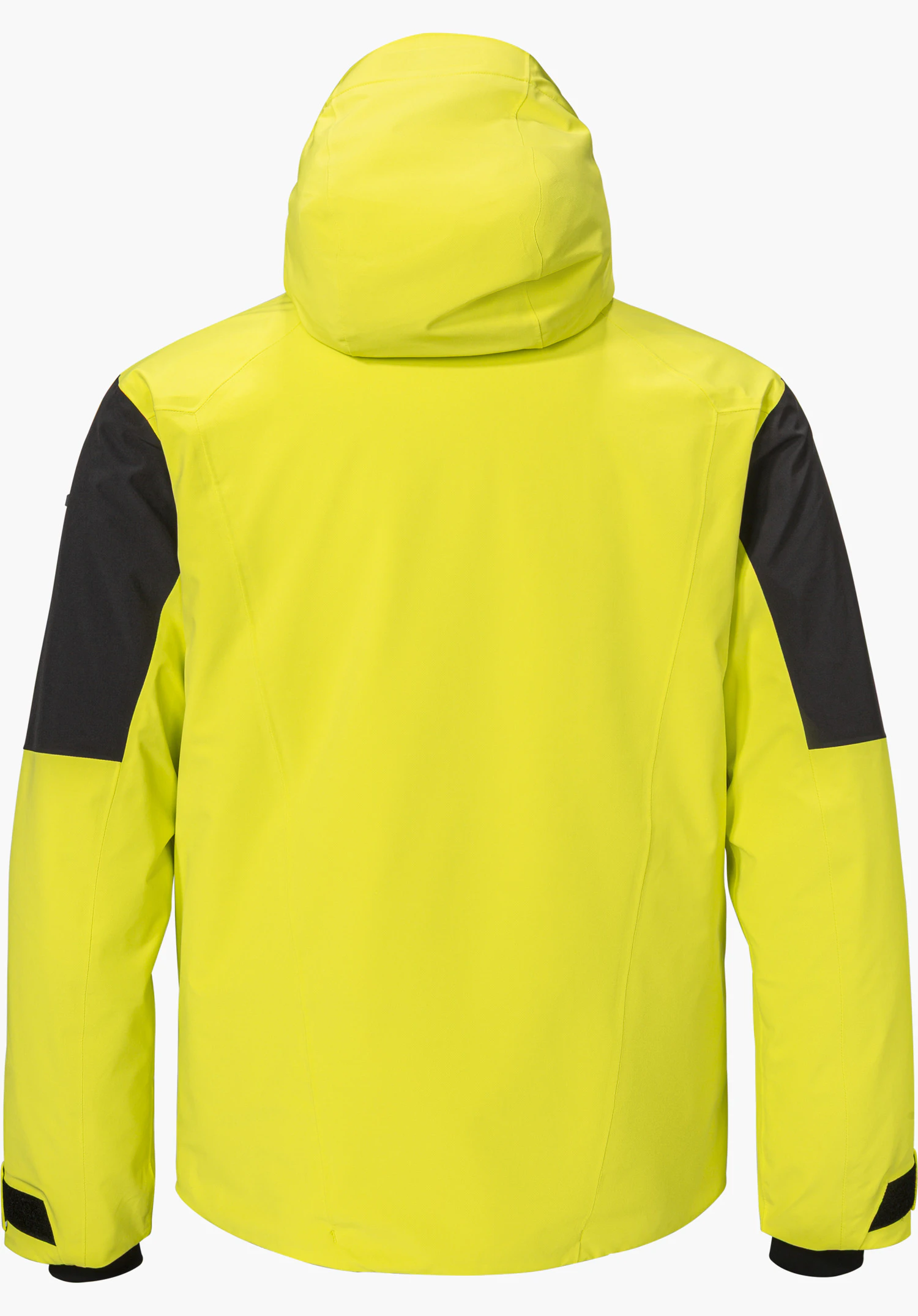 Jacket Style Safuna MEN ski jacket in yellow with hood and black sleeve accents, shown from the back and isolated on a white background.