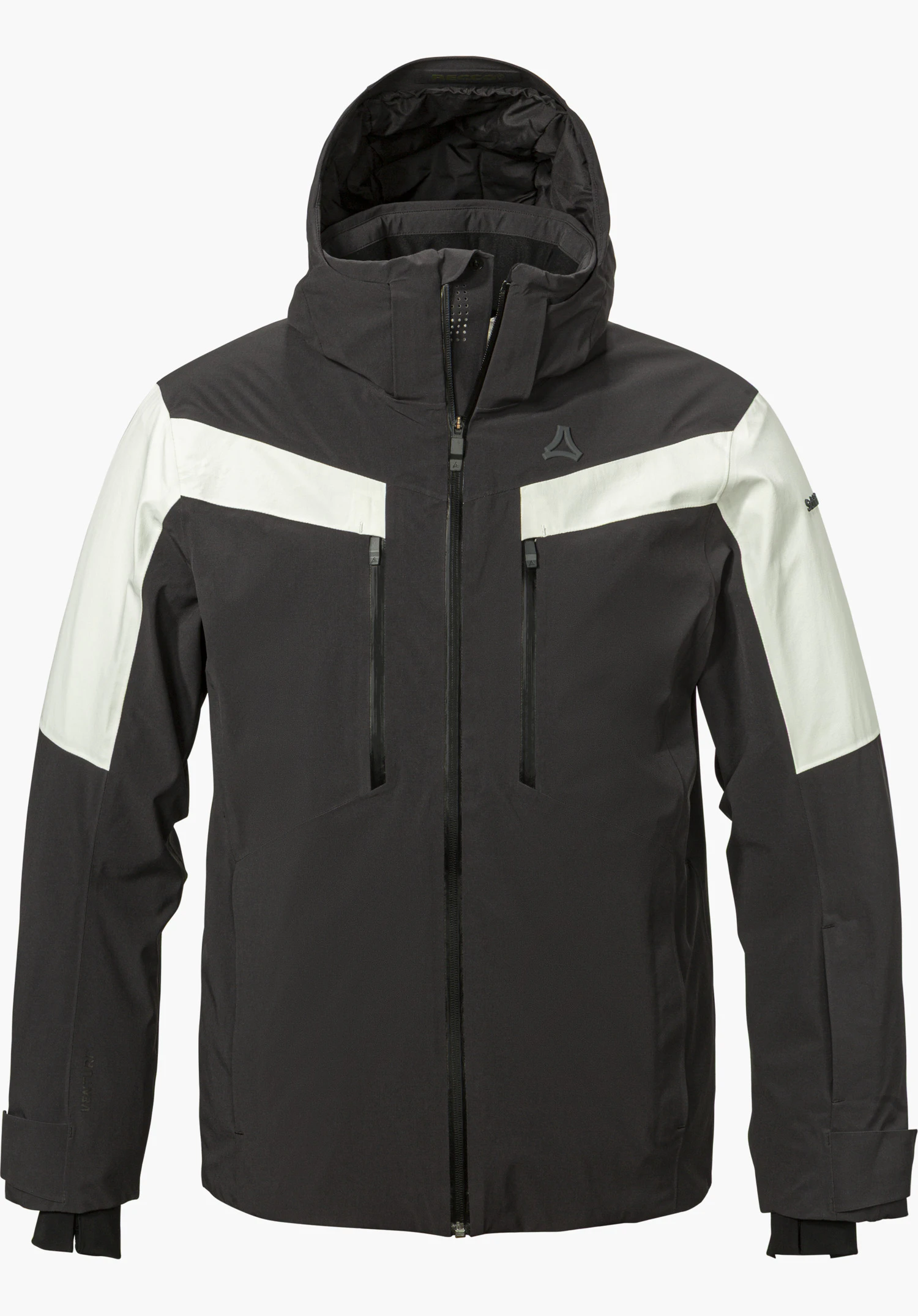 Jacket Style Safuna MEN ski jacket in black with hood, contrasting light shoulder panels, zippered pockets and Schöffel logo, shown from the front and isolated on a white background.