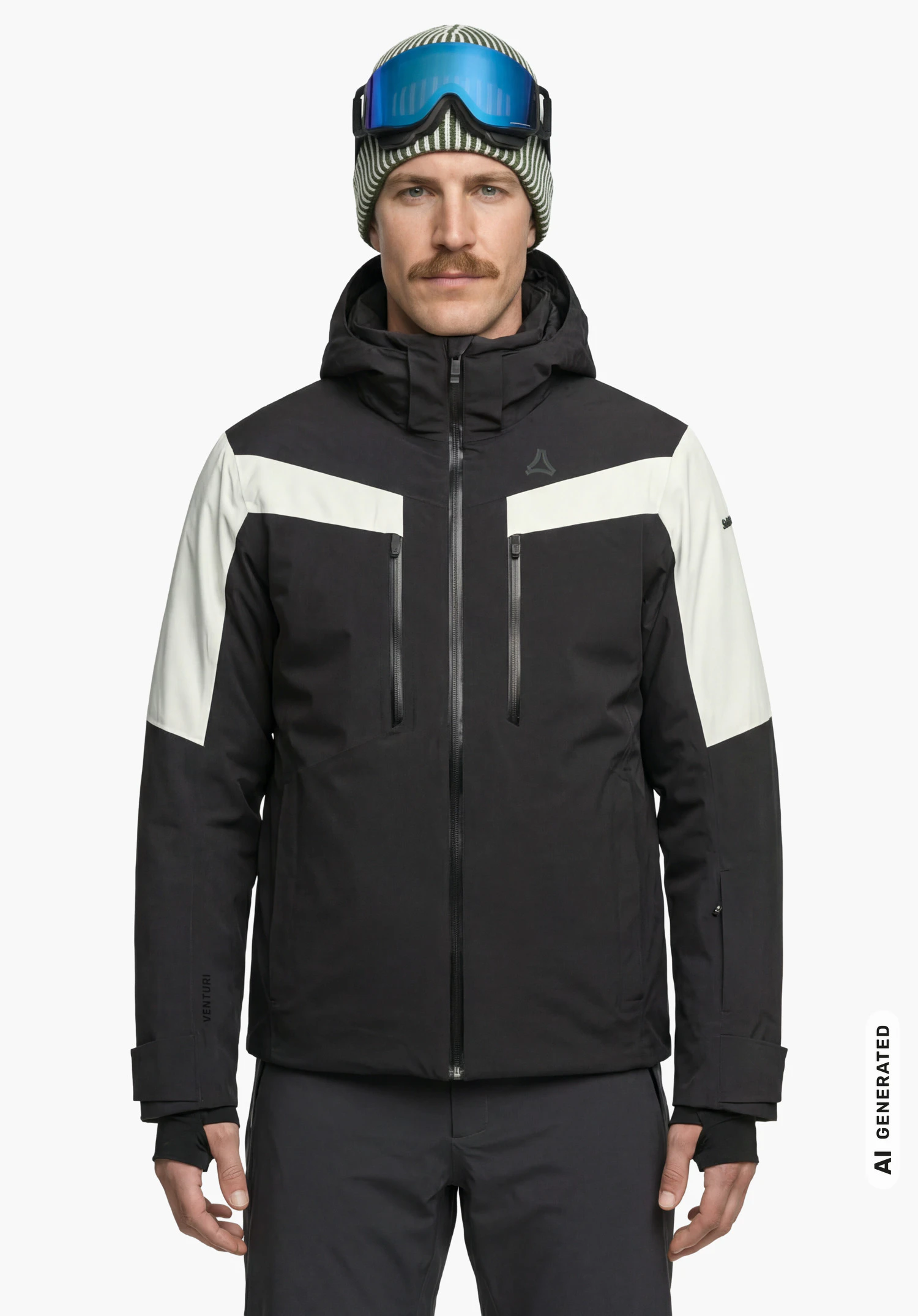 Jacket Style Safuna MEN in black with Schöffel logo, worn by a male model standing upright and shown from the front with the zipper closed against a white background. (AI-generated)