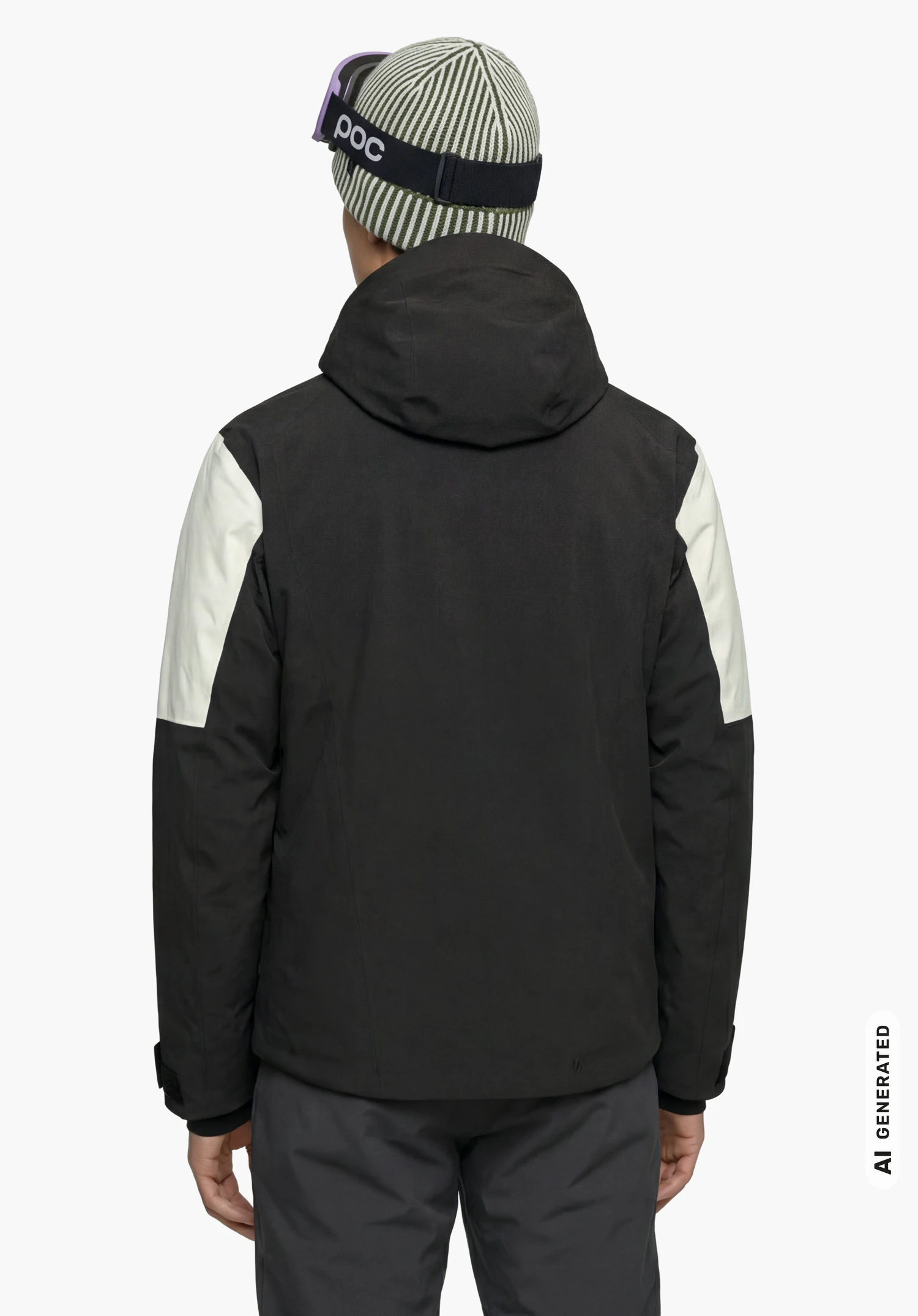 Jacket Style Safuna MEN in black, worn by a male model standing upright and shown from the back with the hood up against a white background. (AI-generated)