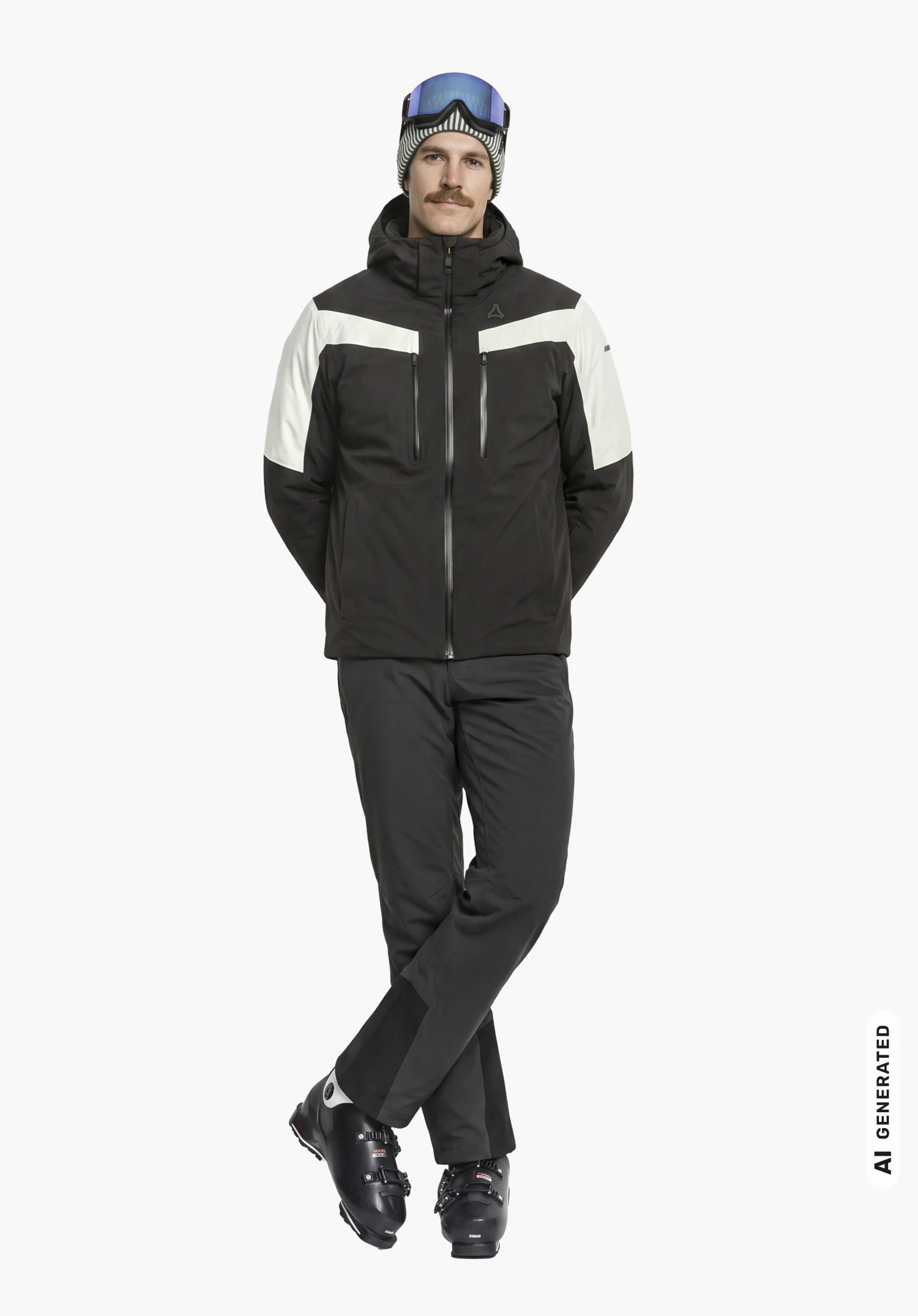 Jacket Style Safuna MEN in black, featuring the Schöffel logo on the chest, worn by a male model in a slight side view standing upright with hands behind his back against a white background. (AI-generated)