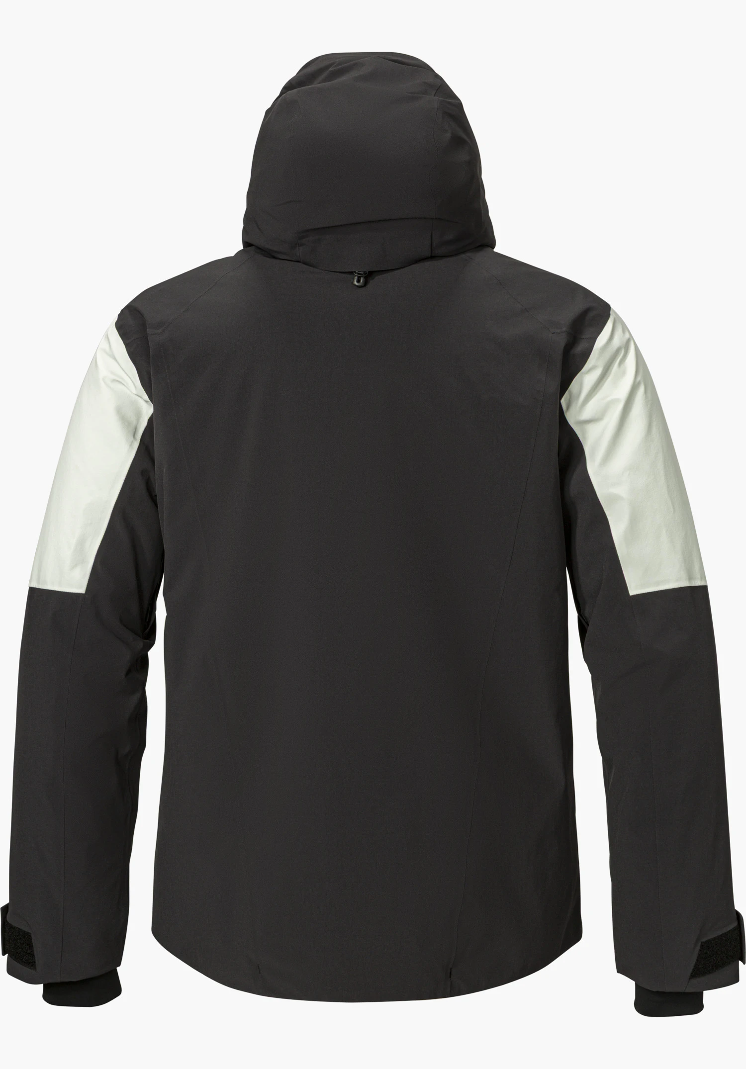 Jacket Style Safuna MEN in black, shown from the back with hood and contrasting sleeves, isolated on a white background.