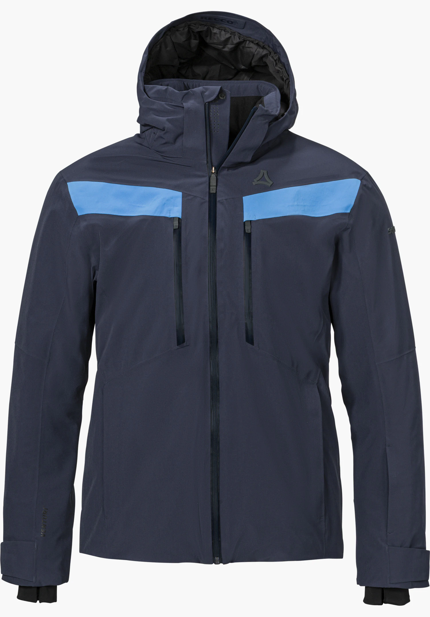Jacket Style Safuna MEN ski jacket in blue, shown from the front with hood, contrasting inserts, zippered pockets and visible Schöffel logo, isolated on a white background.